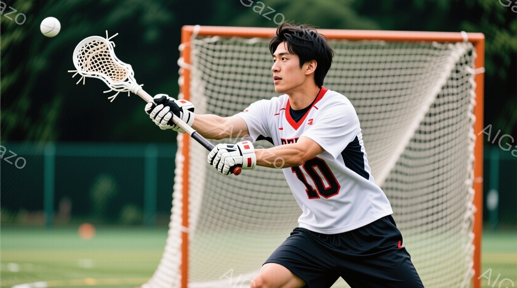 ラクロスをしている若い男性の姿が写っている。彼は白地に黒のラインが入ったユニフォームと黒のショーツを着用し、背中には「10」の番号が大きく書かれている。彼はラクロススティックを構え、ボールを打ち出す直 - AI生成フリー素材
