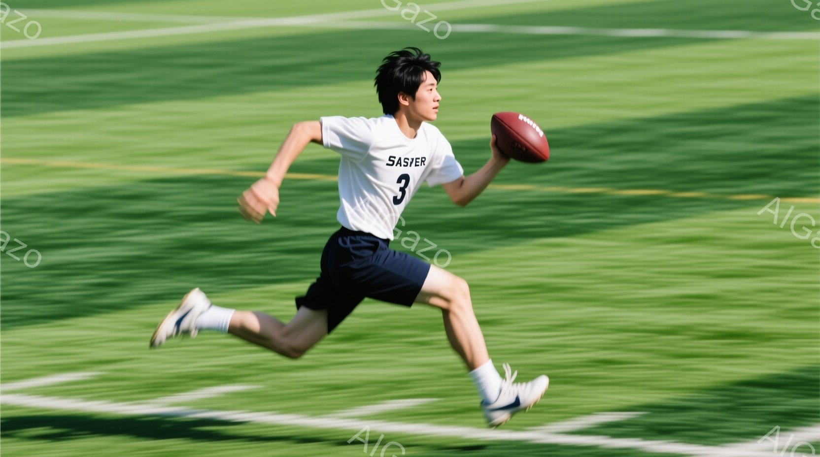 少年は緑の芝生の上を走り、アメリカンフットボールを持っています。白いシャツには黒い数字の「3」が描かれており、黒いショーツと白いソックス、スニーカーを履いています。背景は緑色の芝生で、運動している様子が伝わる活気ある雰囲気です。