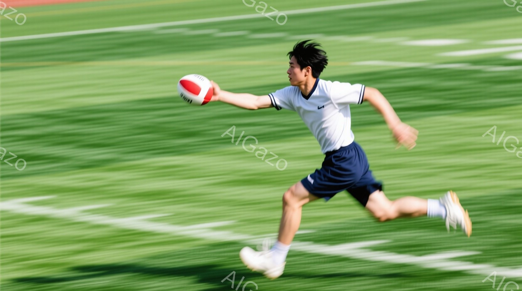 少年は緑色の芝生の上を走り、ラグビーボールを投げようとしている。白い半袖シャツと紺色のショーツを着用し、黒髪は短く整えられている。背景は鮮やかな緑色で、動きの速さを強調し、活気に満ちたスポーティーな雰囲気を醸し出している。