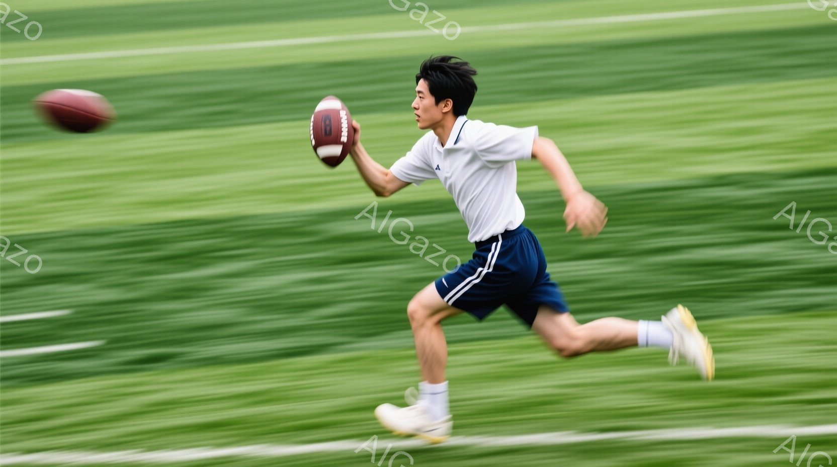 緑色の芝生の上を走る若い男性の様子を捉えています。彼は白い半袖シャツと紺色の短パン、白いソックスとスニーカーを着用しており、髪は短く整えられています。ボールを片手で持ちながら前向きに走り、スピード感と躍動感のある瞬間を捉えています。