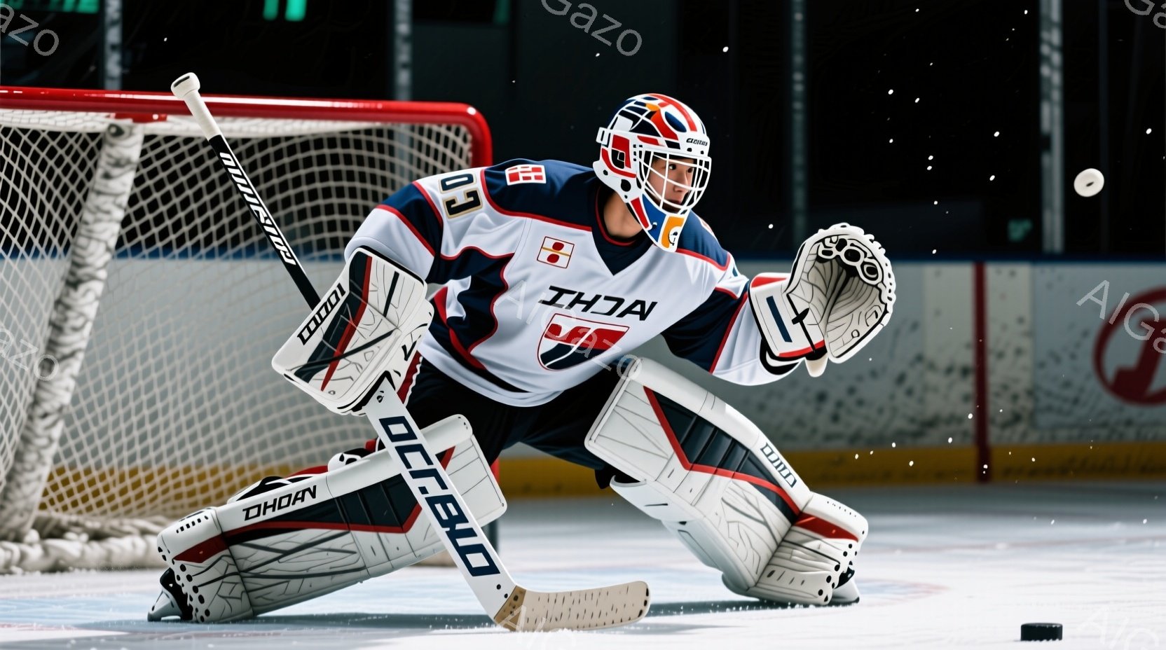 アイスホッケーのゴールキーパーが、白い、赤と紺色の装飾が施されたユニフォームとヘルメットを着用し、氷上に身をかがめています。彼は右手を伸ばしてパックを止めようとし、左手は氷上に置かれています。背景にはホッケーネットとぼやけた観客席が見え、競技の臨場感を高めています。