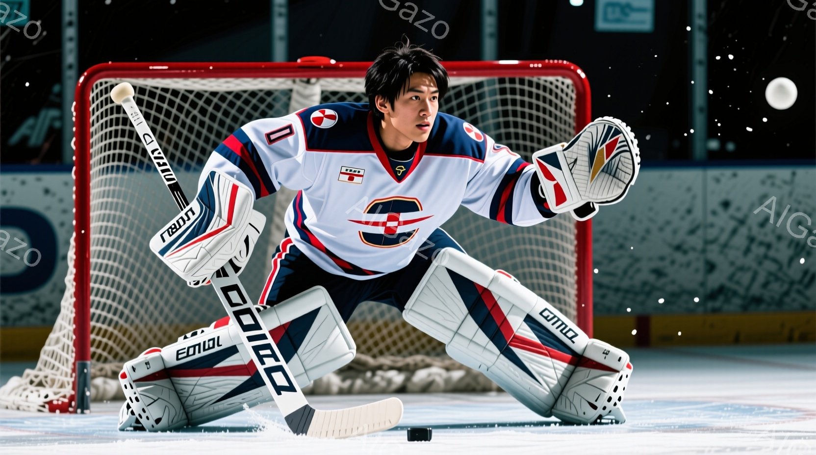 アイスホッケーのゴールキーパーが、膝をついて構え、スティックを氷につけている。彼は白を基調とした青と赤のストライプが入ったユニフォームを着用し、黒髪を短くカットしている。背景はアイスホッケーリンクで、ゴールネットとリンクの氷が見え、全体的に緊張感と集中が感じられる雰囲気である。