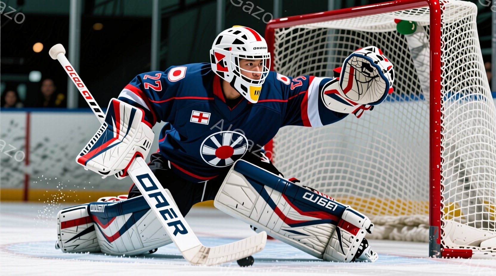 紺色のホッケーユニフォームとヘルメットを着用した男性が、氷上での試合中に守備の姿勢をとっています。彼は青いパッドと手袋を身につけ、ホッケーのゴールを守るためにしゃがみこんでおり、集中した表情で試合を見据えています。背景には観客席と赤いホッケーネットが見え、競技場の活気ある雰囲気が伝わってきます。