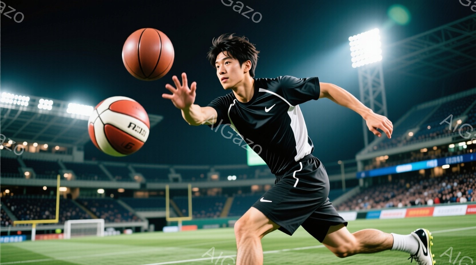 競技場内で走りながらボールをドリブルする男性が写っています。彼は黒いシャツと短パン、白いソックスとスパイクを着用し、短髪で引き締まった表情をしています。背景には観客席と照明が確認でき、活気に満ちたスポ - AI生成フリー素材