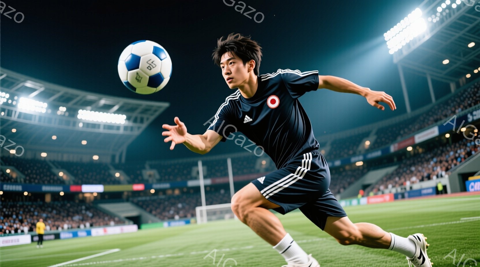 サッカー選手がピッチを疾走している様子が写っている。黒いユニフォームと白いソックス、スパイクを着用し、髪は短く、真剣な表情でボールを見つめている。背景には観客席が広がり、夜間のスタジアム照明が光り、活気に満ちた競技場の雰囲気が伝わる。