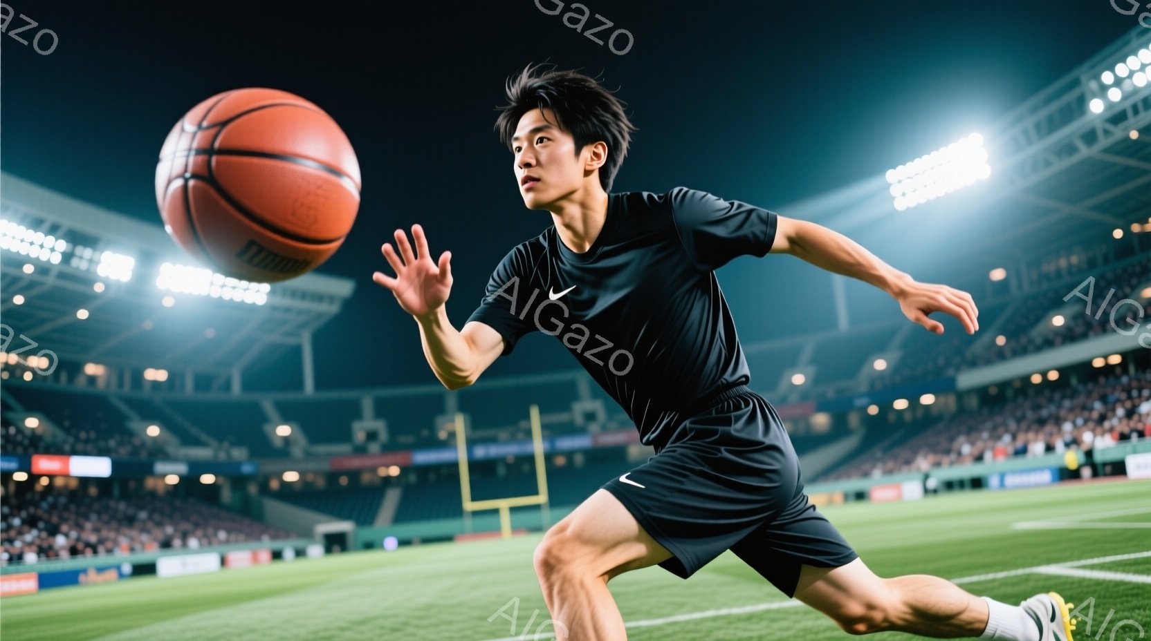 黒いバスケットボールウェアを着た若い男性が、バスケットボールを持って競技場を走り抜けている。彼は片足を大きく前に出し、ボールを前に運ぶ姿勢で、集中した表情をしている。背景には観客席が広がり、競技場のラ - AI生成フリー素材