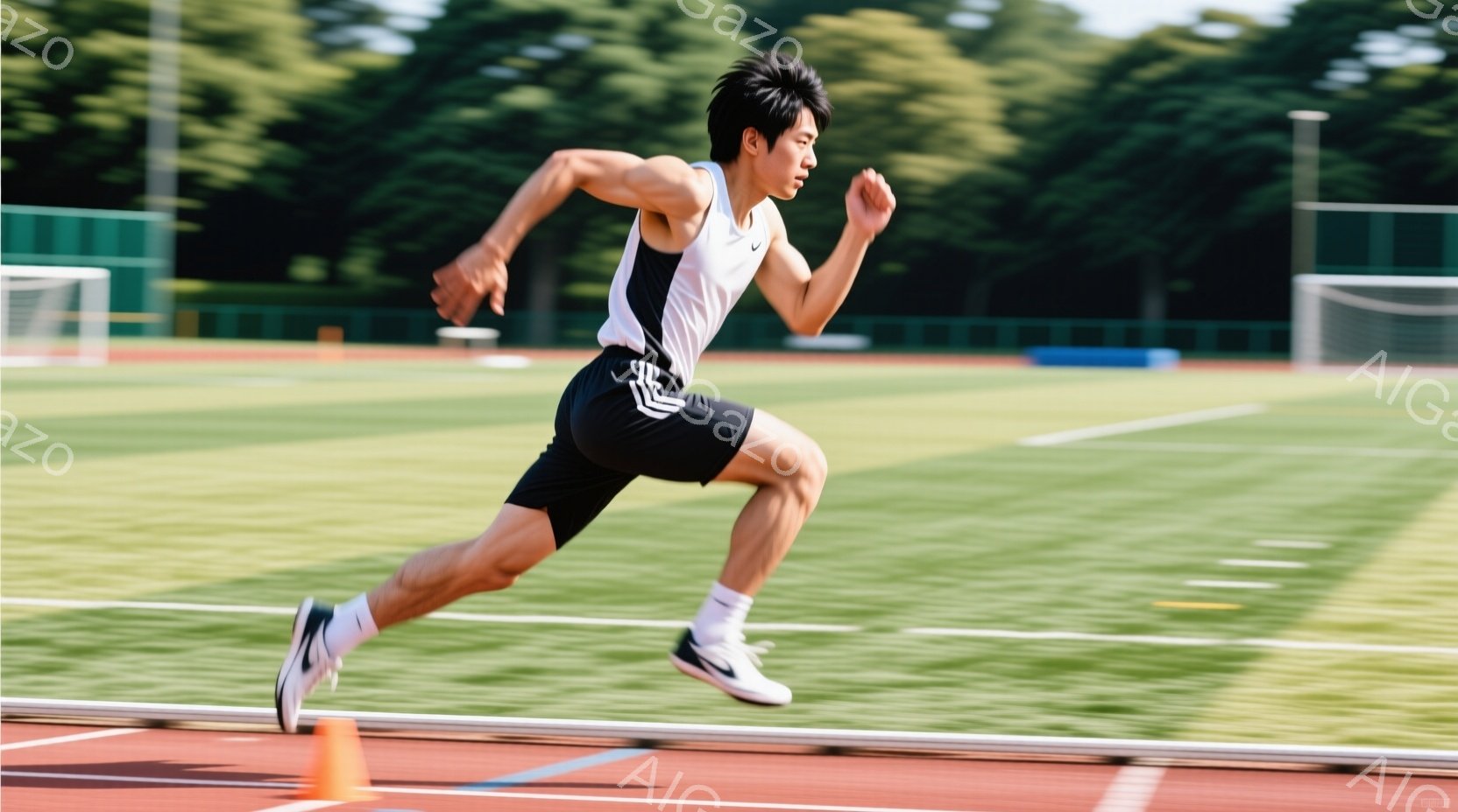 陸上競技場で疾走する男性が写っている。彼は白いタンクトップに黒いショートパンツ、白いソックスとシューズを着用し、黒髪を短く整えている。背景には緑の芝生とトラック、遠くには木々が見え、晴天の下で活気のあ - AI生成フリー素材
