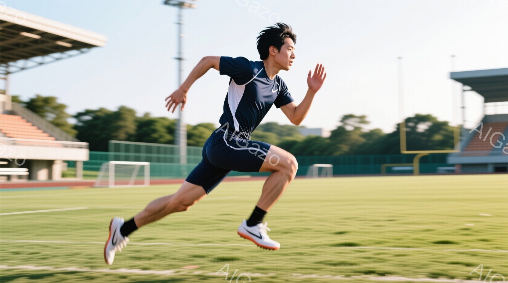 ラクロスをしている男子高校生たちが写っている。先頭の選手は紺色のユニフォームに「13」の背番号がつき、顔を上げて大きな声で叫び、ラクロススティックを高く掲げている。背景には緑の芝生と木々があり、他の選手たちはユニフォーム姿で腕を上げ、勝利を祝っている様子で、全体的に晴天の中、活気に満ちた勝利の瞬間を捉えた写真である。