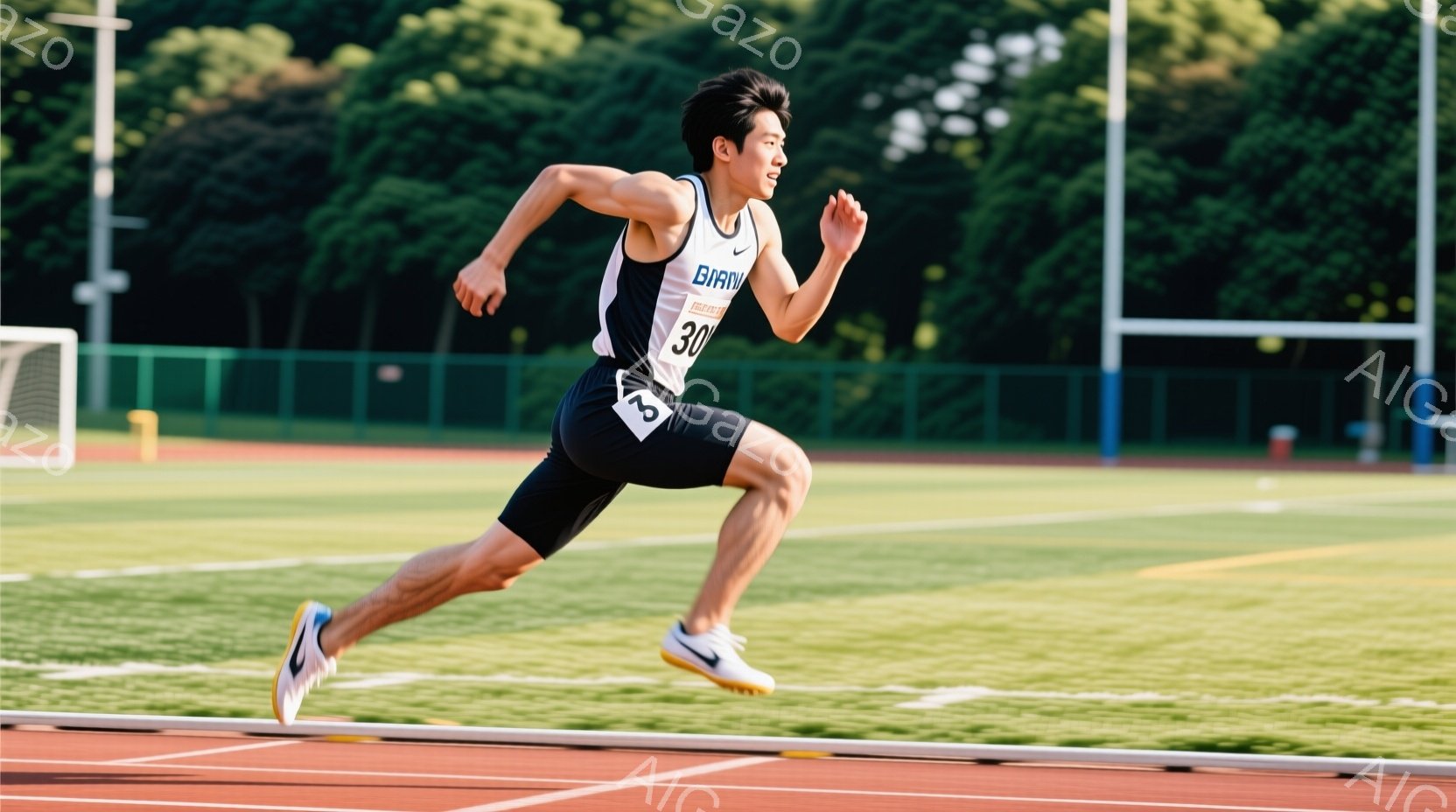 競技場を疾走する男性の姿が写っている。黒いタンクトップとショートパンツを着用し、右肩にはブランドロゴが入っている。彼の表情は真剣で、筋肉質な体がスピード感を表しており、背景には緑豊かな自然とランニング - AI生成フリー素材