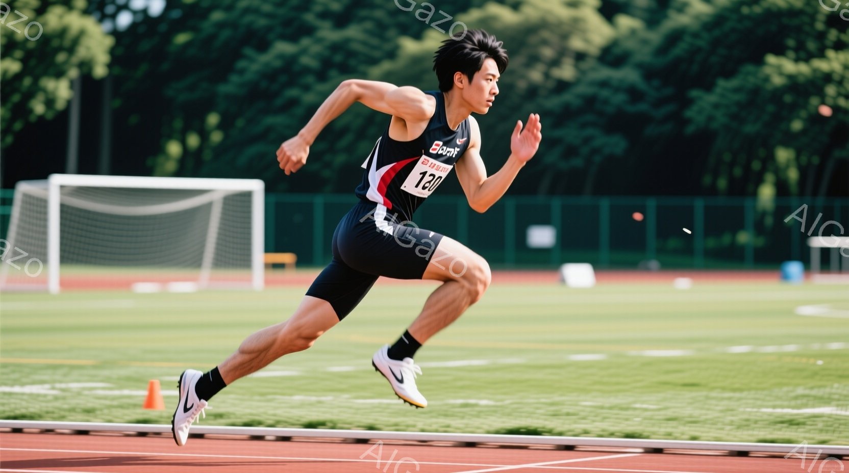 競技場を疾走する男性ランナーが写っている。黒のタンクトップとショーツ姿で、鮮やかなオレンジ色のゼッケン（番号128）をつけている。背景には緑豊かな木々と赤いトラックが広がり、晴天の下で運動している様子 - AI生成フリー素材