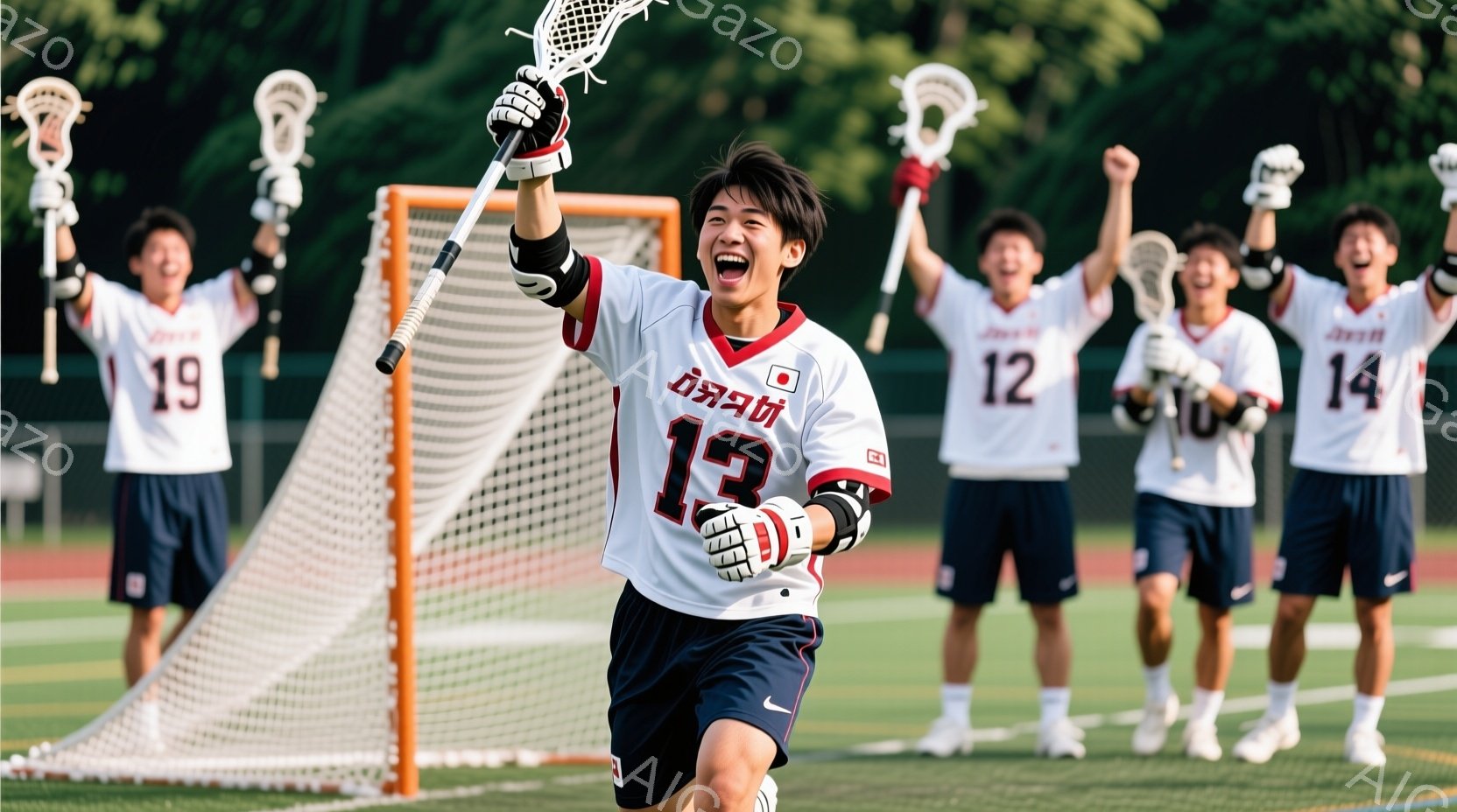ラクロスをする若い男性たちが写っている。彼らは皆、日本代表のユニフォームを着ており、13番、12番、19番、14番の背番号が見える。先頭の選手は腕を高く上げ、喜びの表情を浮かべており、勝利を祝っているような雰囲気である。
