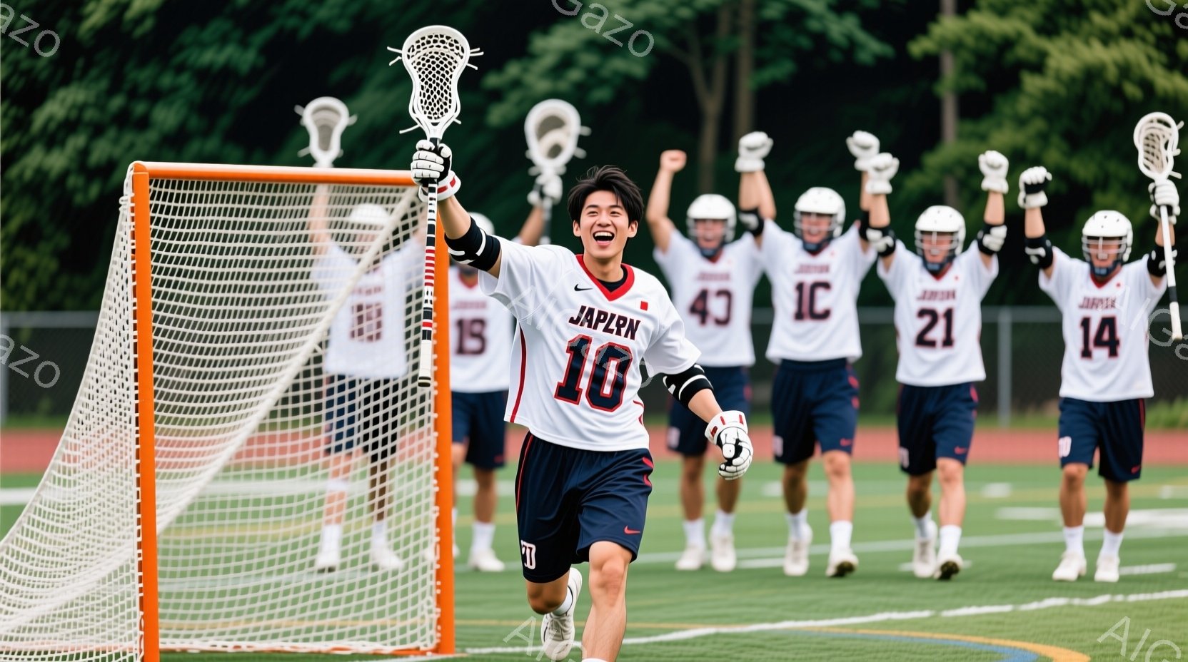 ラクロスをしている日本のチームの選手たちが写っている。10番の選手は喜び勇んで腕を上げ、他の選手たちも同じように歓喜の姿勢で手を上げている。背景には緑の芝生、ラクロスのゴール、そしてぼやけた木々が見え、晴れた日の試合の興奮が伝わってくる。