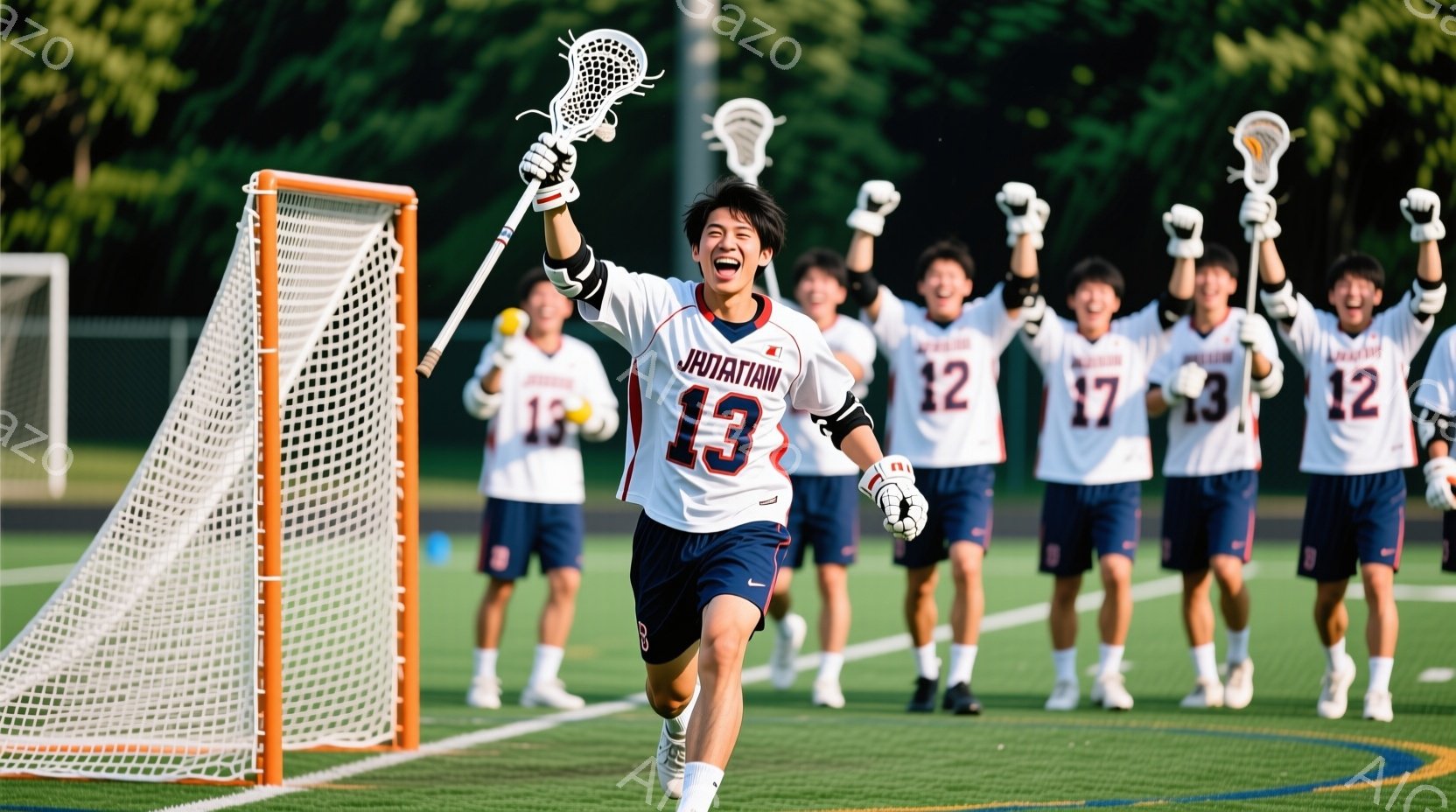 ラクロスをしている男子高校生たちが写っている。紺色のジャージに赤い数字の入ったユニフォームを着ており、13番の選手は腕を高く上げ、顔を上げて歓喜している。背景は緑の芝生と木々があり、晴天の下で活気のある雰囲気が伝わってくる。