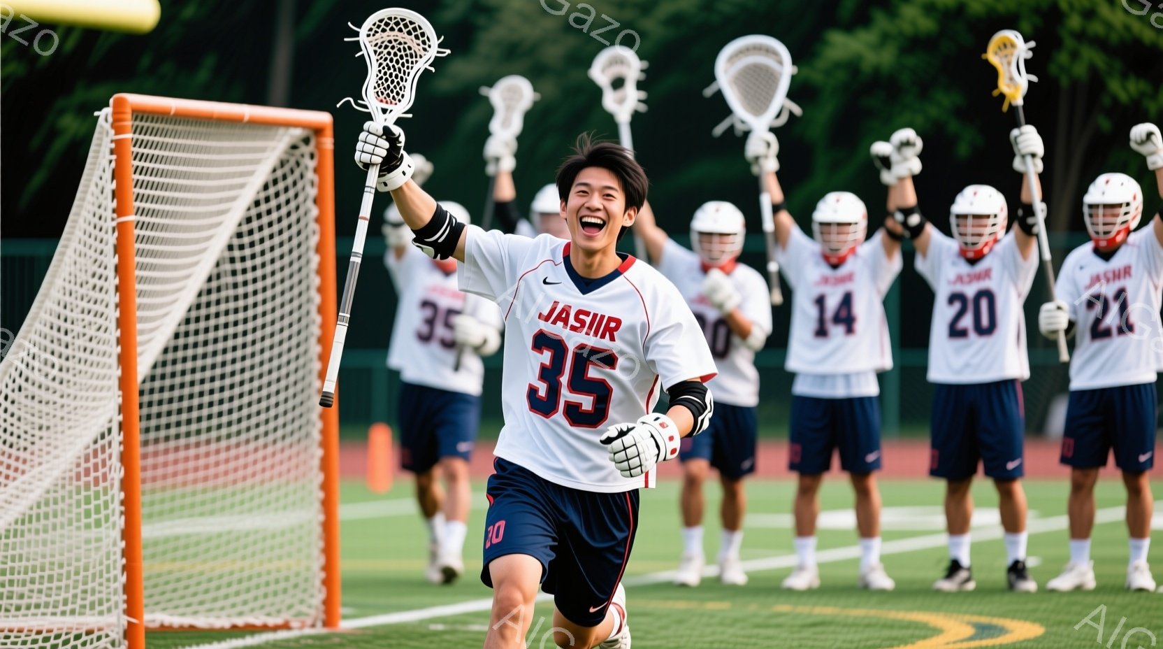 ラクロスをしている若い男性が、ゴールネットの前で両手を高く上げて歓喜しています。彼は白のジャージに紺色のショーツ、そしてラクロス用のヘルメットを着用しており、髪は短く整えられています。背景には、同じよ - AI生成フリー素材