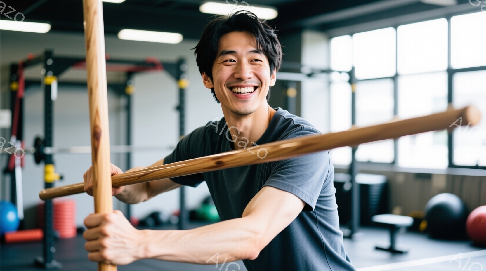 若い男性がジムでストレッチをしている写真です。彼はグレーのTシャツを着ており、笑顔で木製の棒を両手で握って前方に伸ばしています。背景には、トレーニング器具やフィットネスボールが見え、明るく活気のある雰 - AI生成フリー素材