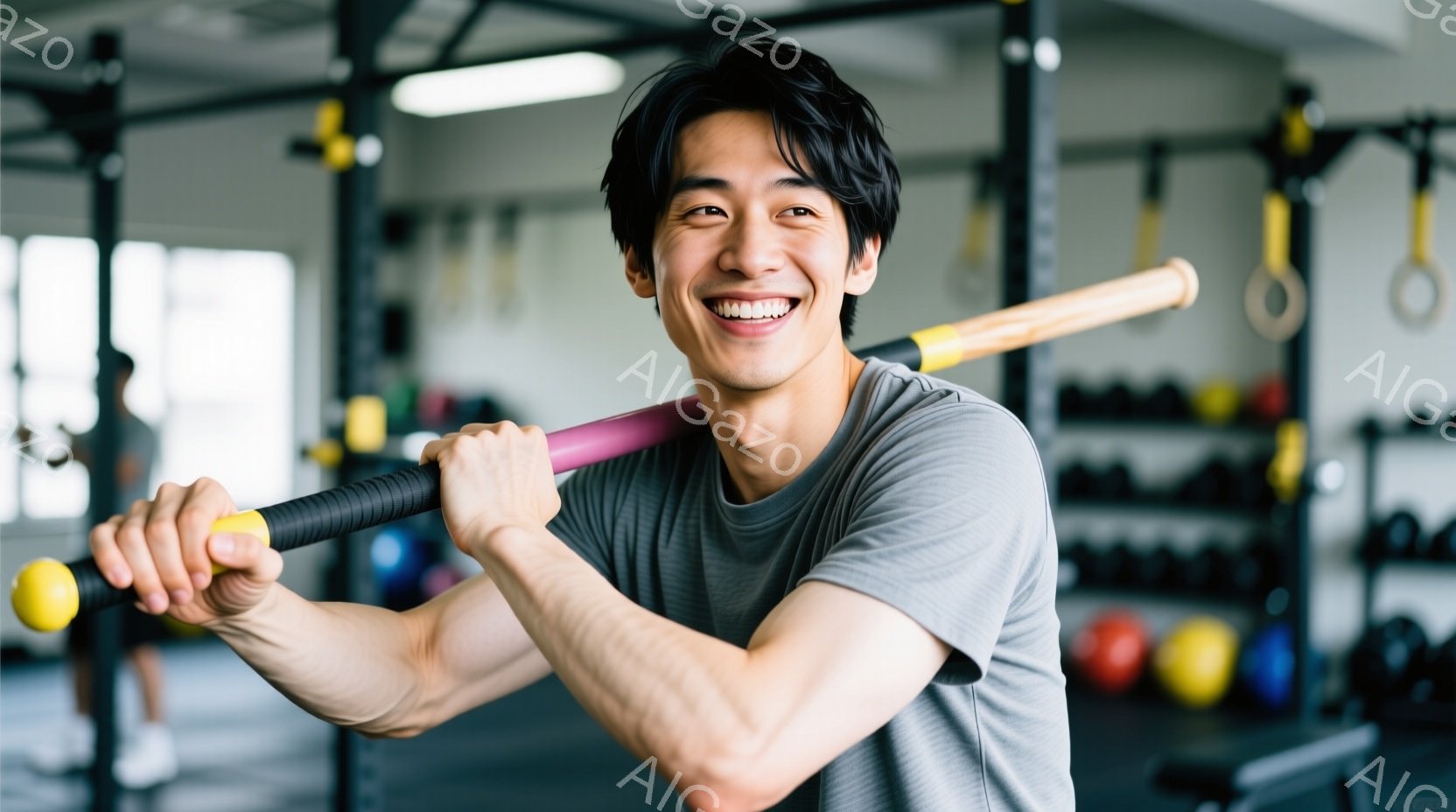 筋トレジムで、明るい笑顔の男性が写っている。彼はグレーのTシャツを着ており、黒髪を短く整えている。男性は腕を前に伸ばし、黄色と黒のバーベルを握って、トレーニングの最中であるようだ。