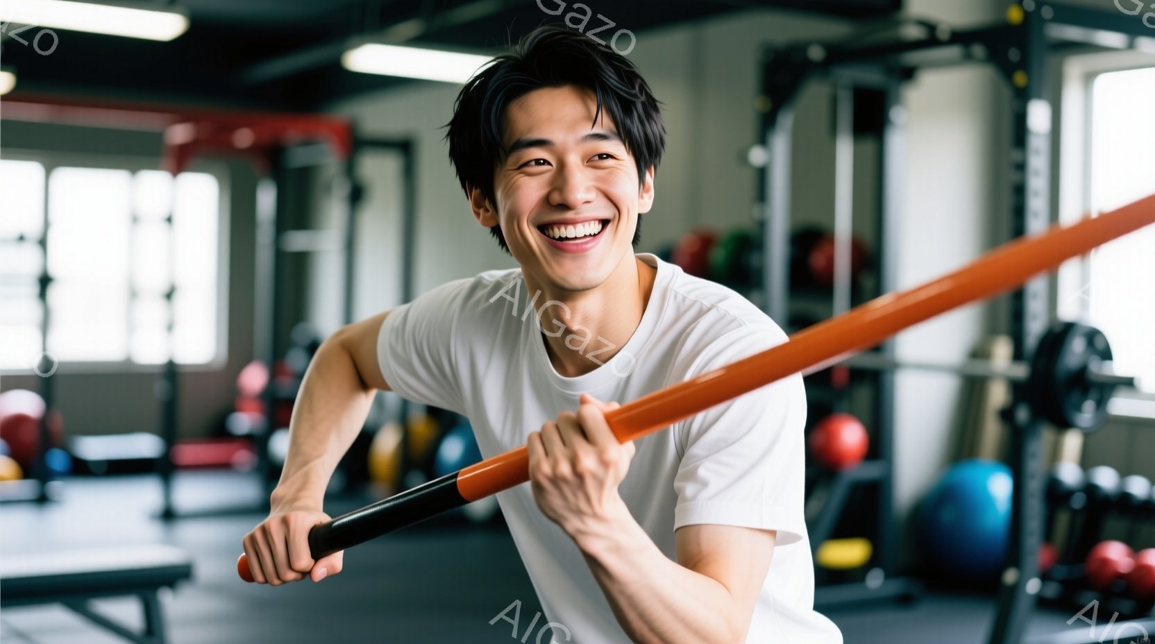 この男性は、ジムでオレンジ色の長い棒を持って笑顔でポーズをとっています。白いTシャツを着ており、短髪で、表情は明るく活気に満ちています。背景には、エクササイズボールやトレーニング機器が配置されたジムの - AI生成フリー素材