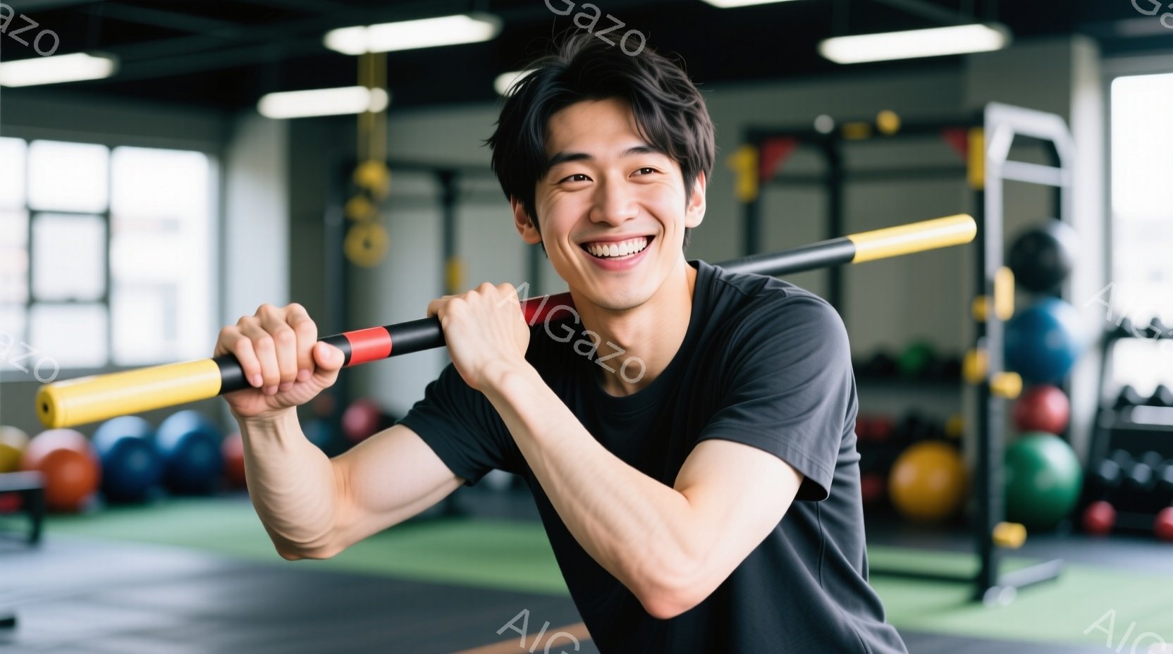 若い男性がジムで笑顔で肩に赤いバーベルを担いでいます。彼は黒いTシャツを着ており、短く整えられた黒髪です。ジム内は様々なエクササイズボールやトレーニング器具があり、活気がありながらも明るい雰囲気です。 - AI生成フリー素材