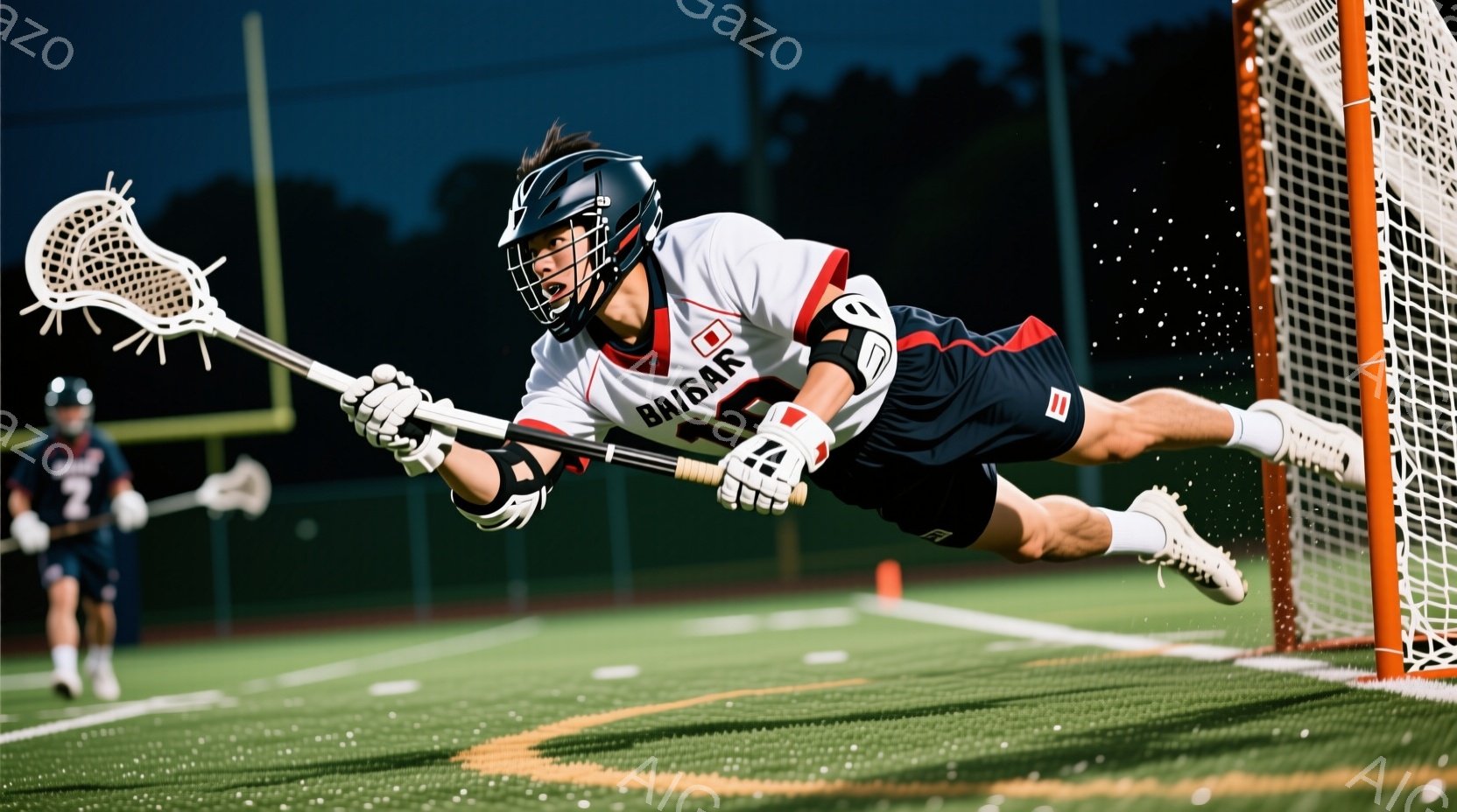 ラクロス選手が空中を舞い、ゴールを目指してボールを強烈に打ち込もうとしている瞬間を捉えた写真です。彼は白と赤のストライプが入ったユニフォームとヘルメットを着用し、激しい表情でゴールに集中しています。背景には緑の芝生とネット、そして薄暗い空が広がり、運動場の活気と集中感を強調しています。