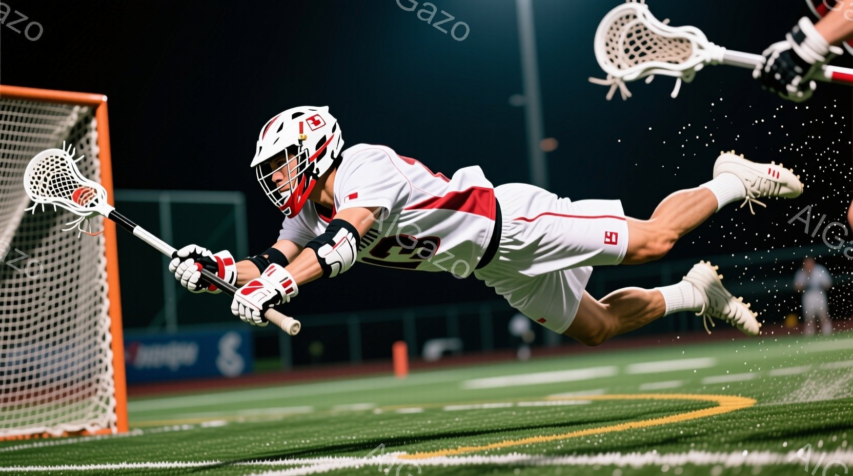 ラクロスをしている男性が、緑色のフィールドでダイブしている様子が写っています。彼は白いヘルメットと肩パッド、赤と白のストライプのシャツと短パン、そしてスパイクの入ったシューズを身につけています。背景にはネットと観客席、そして夜間の照明がぼんやりと見え、激しいスポーツの雰囲気が伝わってきます。