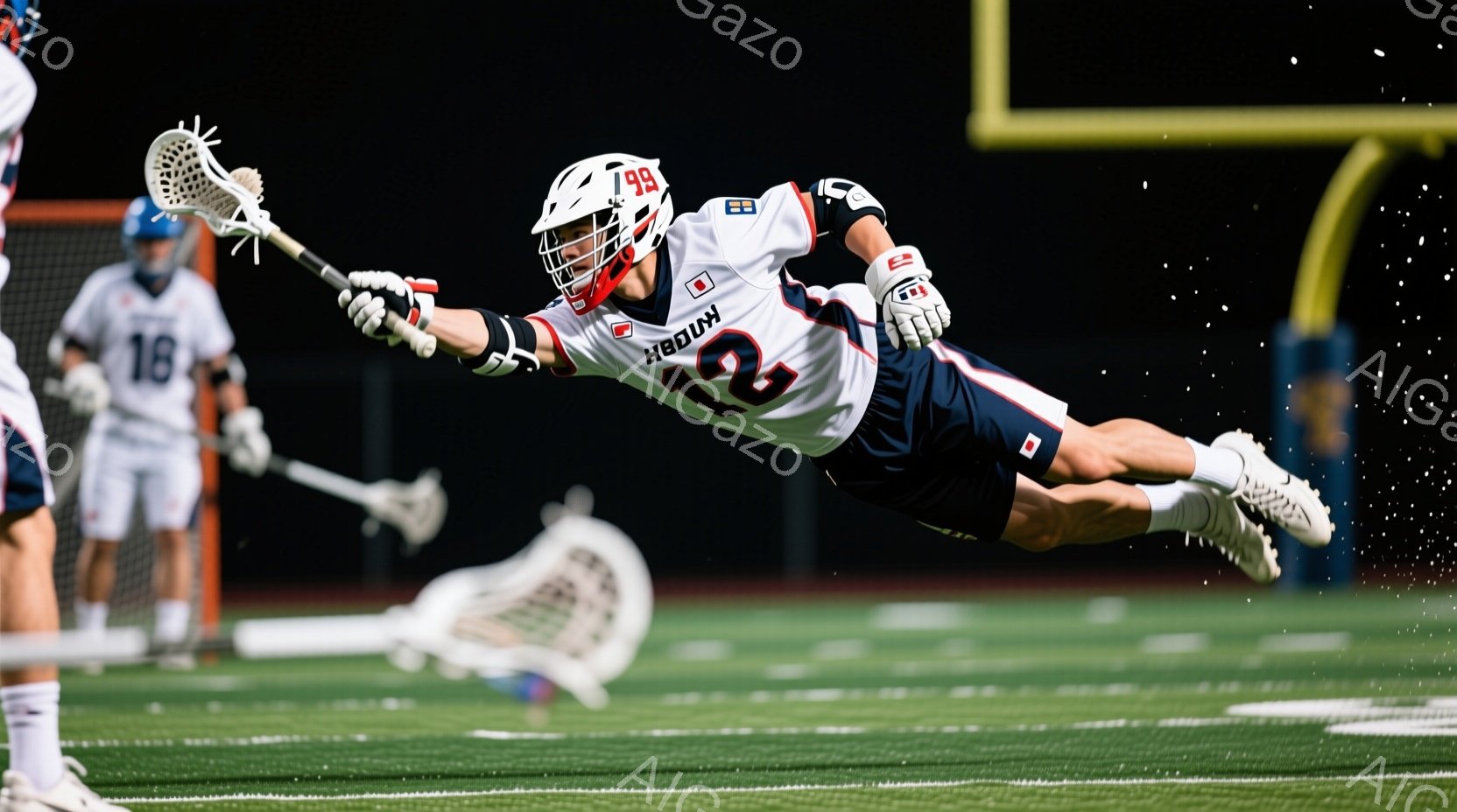 ラクロスをしている選手が、空中でボールをキャッチしようとして大きく体を伸ばしている様子が写っています。白と紺色のユニフォームを着用し、ヘルメットを被っています。背景は緑のフィールドで、他の選手やゴール - AI生成フリー素材