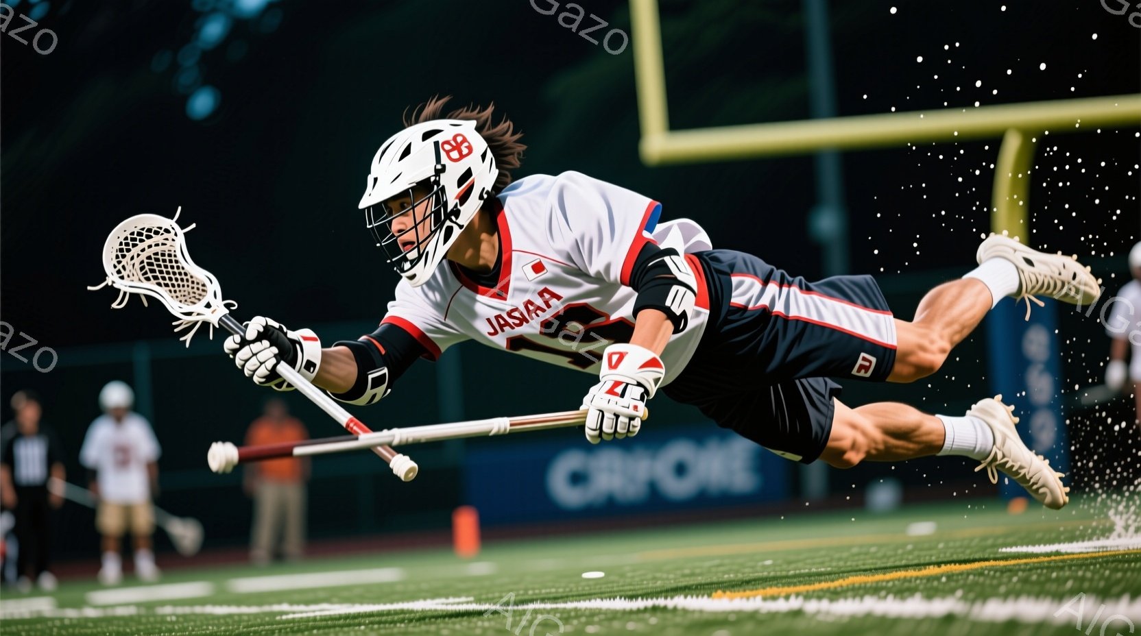 ラクロス選手が空中でのアクションショットで躍動している。彼は白を基調とした赤のラインが入ったユニフォーム、ヘルメット、そして長い茶色の髪をしている。背景は緑の芝生とぼやけた観客席があり、競技場の活気ある雰囲気が伝わってくる。