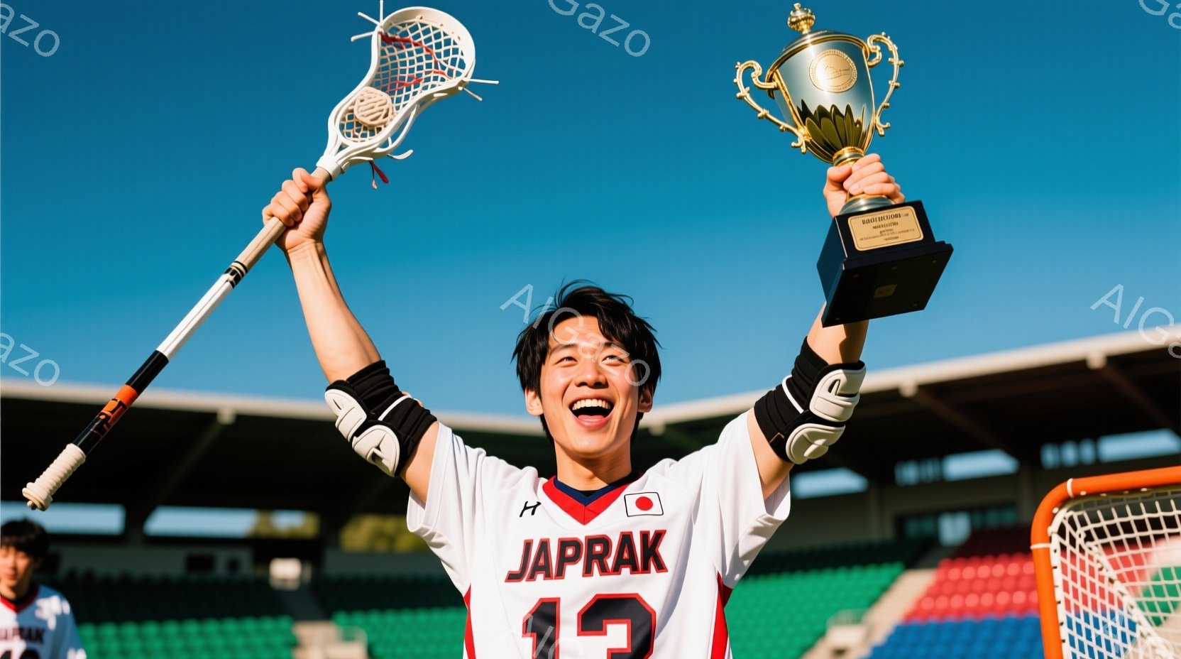 ラクロス選手がトロフィーを高々と掲げ、満面の笑みを浮かべている。白いラクロスのユニフォームには「JAPRAK」と赤字で記され、背番号10が大きくプリントされている。背景には緑の芝生と観客席、そして青空 - AI生成フリー素材