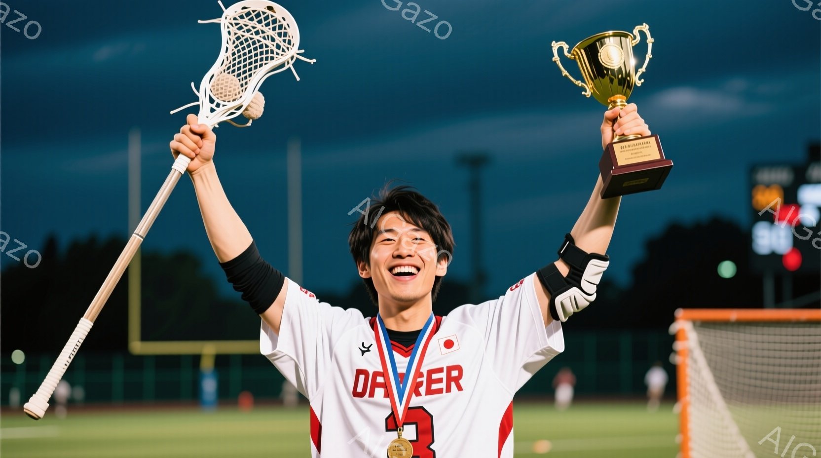 ラクロス選手と思われる若い男性が、トロフィーとラクロススティックを掲げて笑顔で立っている。彼は赤い文字で「DAIKER」と書かれた白いユニフォームと、首にかかった金色のメダルをつけている。背景には、夜のスポーツフィールドとゴールポスト、そして遠くの建物や木々が見え、勝利の喜びと達成感を漂わせる活気のある雰囲気である。
