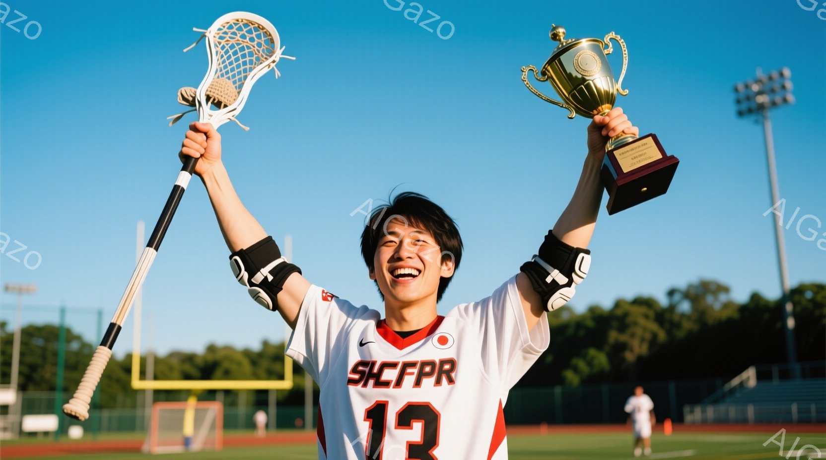 ラクロス選手と思われる若い男性が、トロフィーを高く掲げて歓喜しています。彼は赤と白のユニフォーム、黒いアームバンドを着用し、短髪で笑顔を浮かべています。背景には緑豊かな木々や芝生、そしてラクロス競技場 - AI生成フリー素材