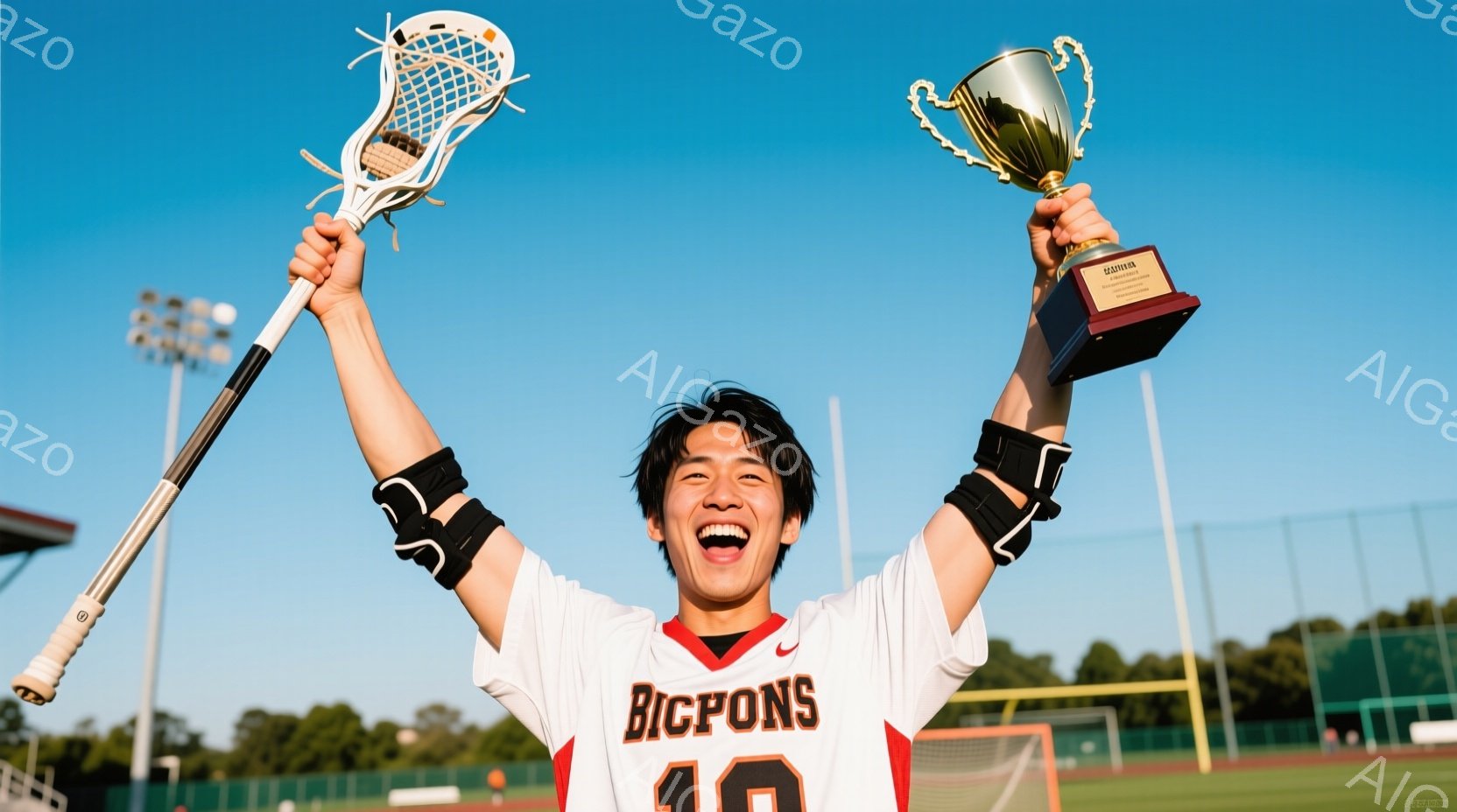 ラクロスをする若い男性が、トロフィーを高く掲げ、満面の笑顔で勝利を喜んでいます。彼は黒いリストバンドと、赤い縁取りのある白いラクロスジャージを着ており、ジャージには「BICPONS」と背番号の「10」が大きく書かれています。背景には緑の芝生、ラクロスのゴール、そして青い空が広がり、晴れた日の屋外で試合に勝利した喜びを表現しています。