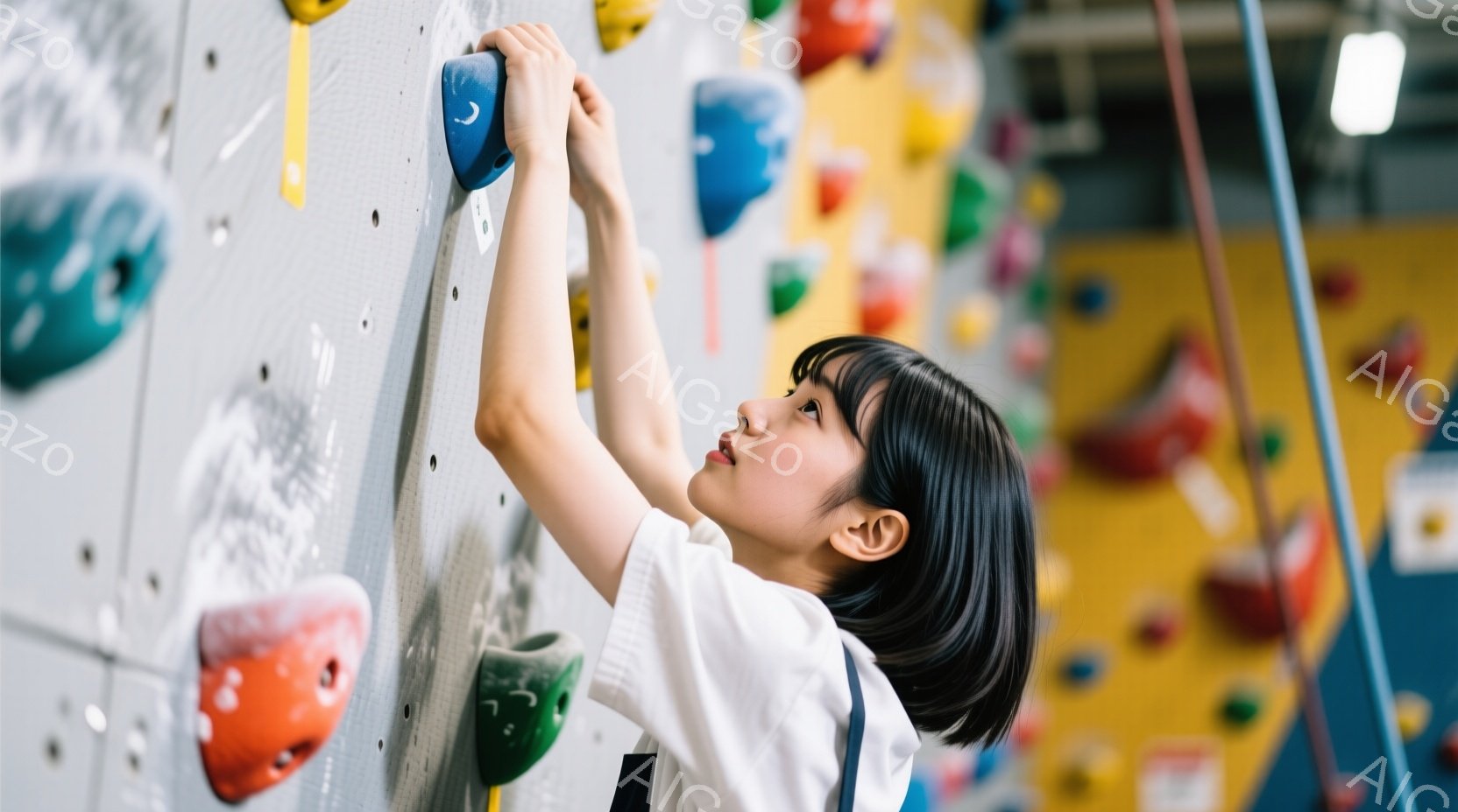 黒髪のショートヘアで白いTシャツを着た女性が、クライミングウォールを登っています。彼女は集中した表情で、次のホールドを目指して体を伸ばしており、姿勢はダイナミックで運動能力が高いことを示しています。背景にはカラフルなクライミングホールドが並び、クライミングジムの活気ある雰囲気が感じられます。