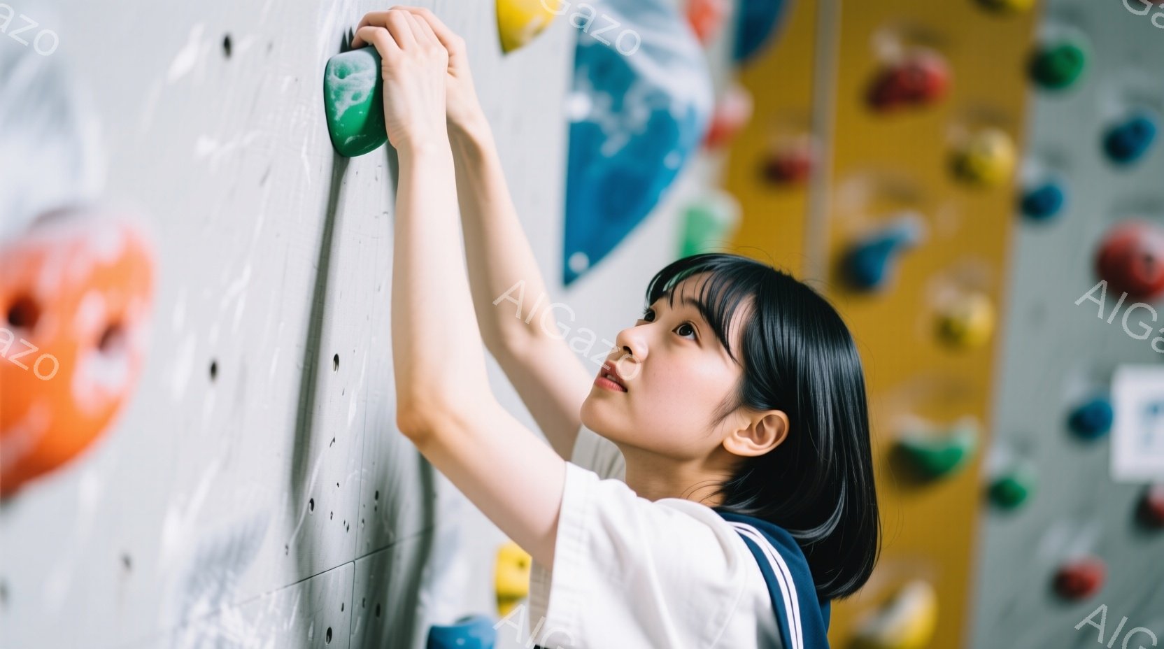 黒髪の女性がクライミングウォールを登っています。白いTシャツに青いラインが入っており、集中した表情で、腕を伸ばして次のホールドに手を伸ばしています。クライミングウォールにはオレンジ、ブルー、グリーン、イエローなどのカラフルなホールドが点在しており、活気のある屋内クライミングジムの様子が伺えます。