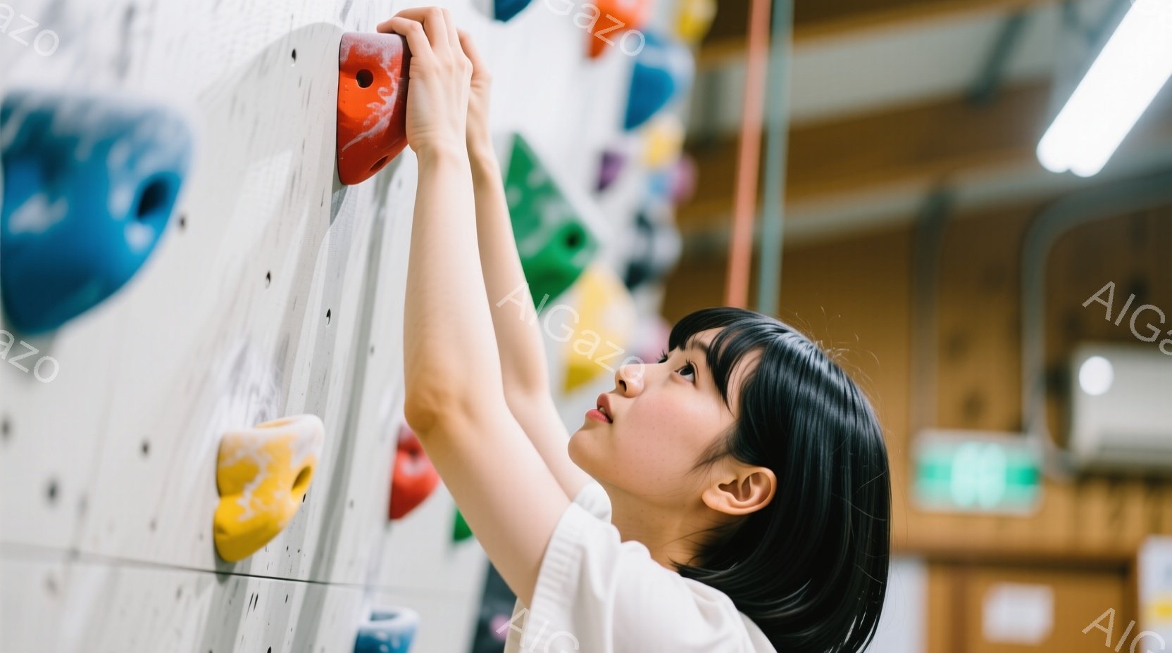 黒髪の女性がクライミングウォールで登っている様子が写っている。白いTシャツを着ており、集中した表情で、赤いホールドを掴もうとしている。背景にはカラフルなクライミングホールドが並び、クライミングジムの室 - AI生成フリー素材