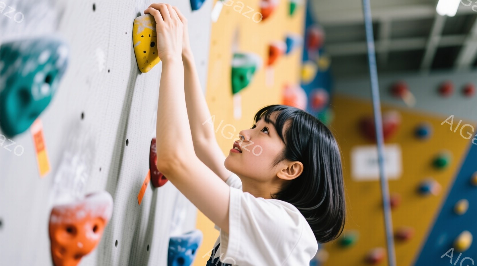 黒髪のショートヘアの女性が、クライミングウォールを登っています。白いTシャツを着ており、集中した表情で次のホールドを目指しています。壁は様々な色のカラフルなクライミングホールドで覆われ、ジムの内部であ - AI生成フリー素材