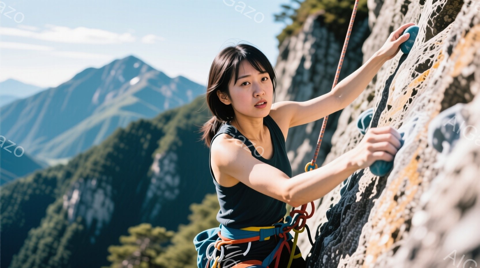 一人の女性が岩壁を登っている写真です。黒いタンクトップと青いハーネスを着用し、髪を後ろでまとめている彼女は、険しい表情で次のホールドを目指しています。背景には、緑豊かな山々と青空が広がり、晴れた日のアウトドアアクティビティの雰囲気が漂っています。