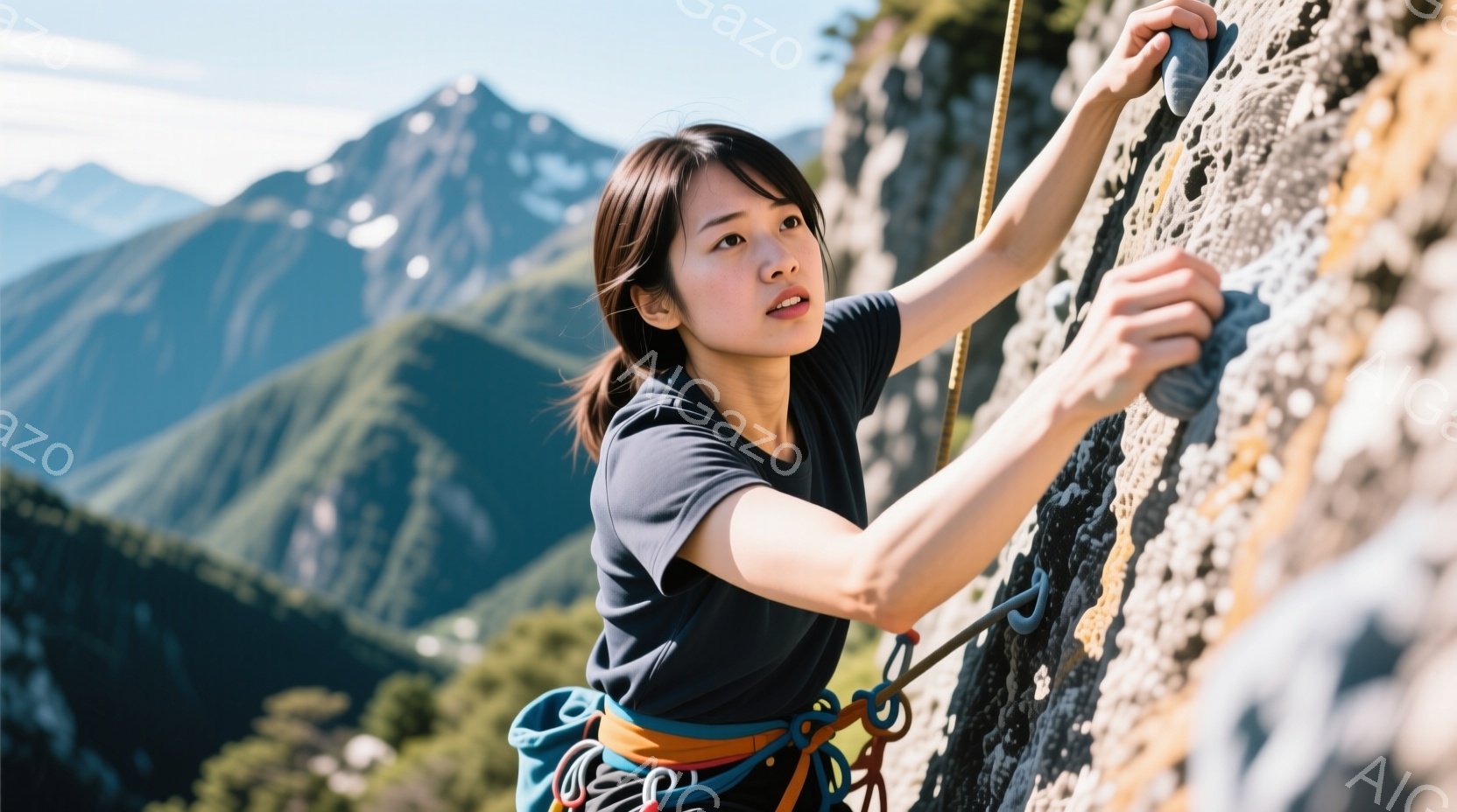 黒いTシャツとターコイズブルーのハーネスを着用した女性が岩壁を登っている。彼女は髪を後ろでポニーテールにし、集中した表情で次のホールドを探している。背景には緑豊かな山々が広がり、晴天の下、ダイナミックなクライミングの雰囲気を醸し出している。