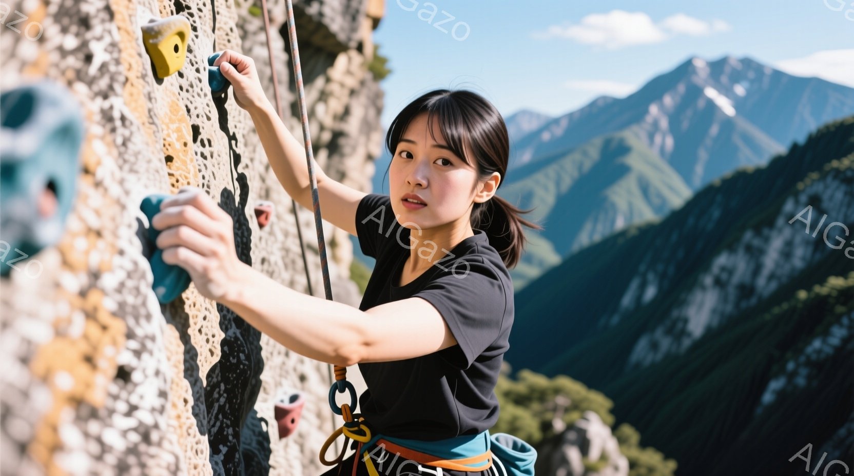 黒いTシャツとカラフルなハーネスを身につけた女性が、岩壁を登っている様子が写っている。彼女は片方の手を掴み、もう片方の手を伸ばして次のホールドを目指し、集中した表情で岩壁を見つめている。背景には緑豊かな山々と青空が広がり、晴天の下、自然の中でクライミングを楽しんでいる様子が伝わる。