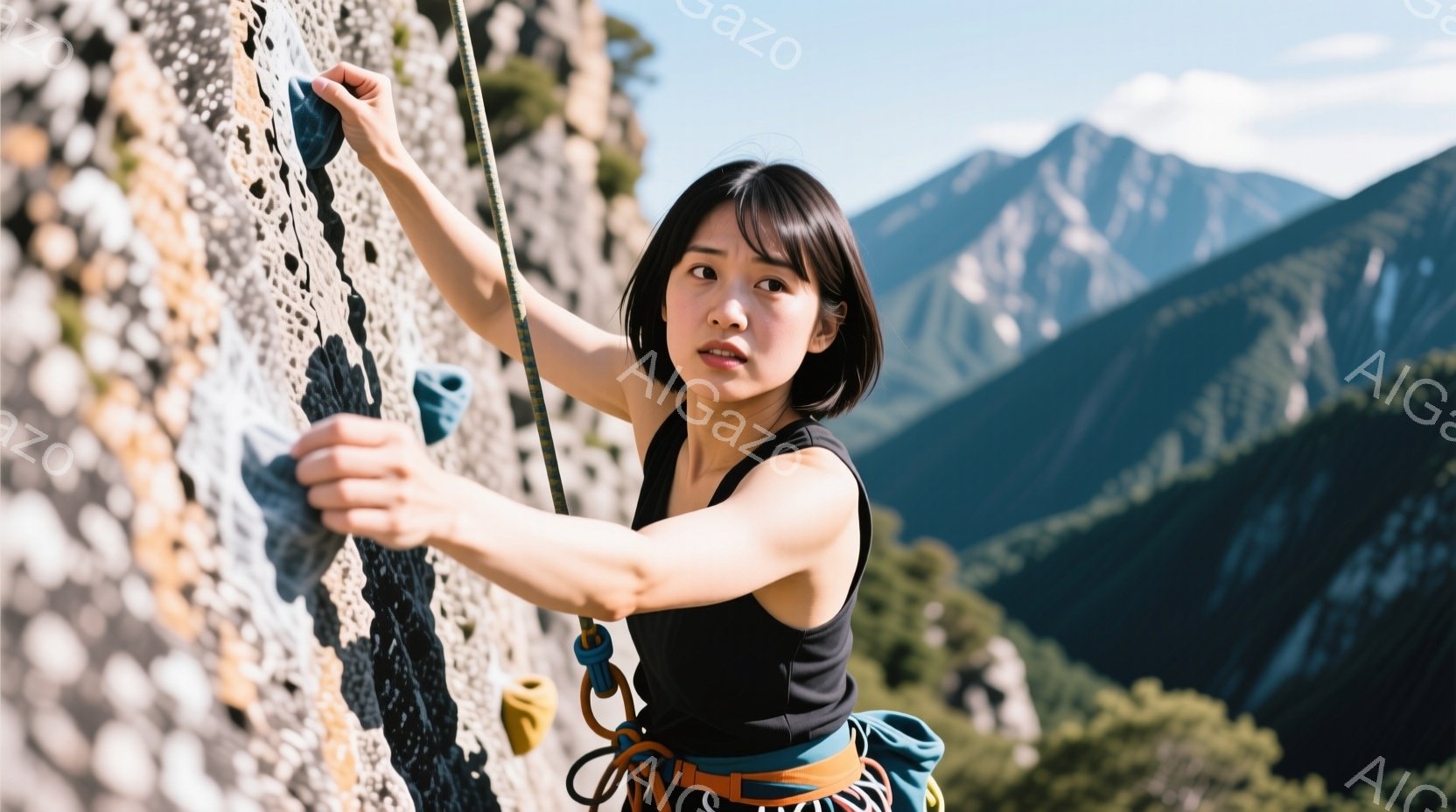 黒いタンクトップとクライミングハーネスを身につけた女性が岩壁を登っています。彼女は真剣な表情で、片手をホールドにつかみ、もう片手を伸ばして次のホールドを目指しています。背景には青空と緑豊かな山々が広が - AI生成フリー素材