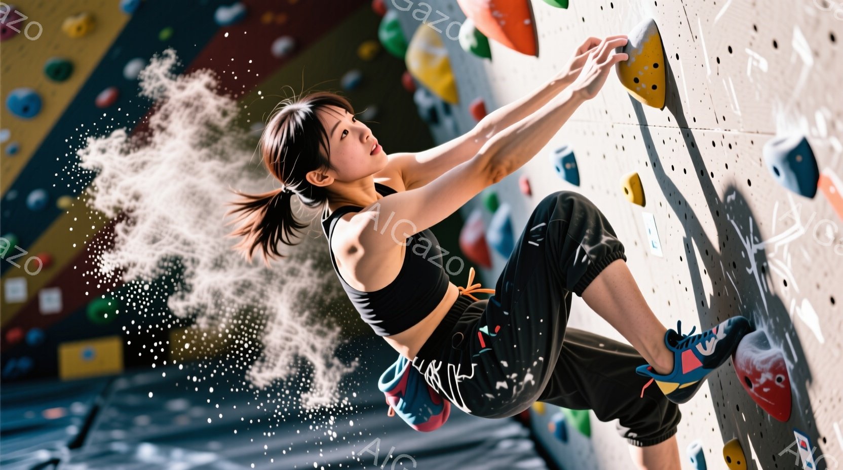 筋力トレーニングのボルダリングに挑戦する女性が写っている。黒いスポーツブラと黒いショートパンツを着用し、髪はポニーテールに結んでいる。壁を登る途中で、右手にホールドを掴み、体を斜めに構え、集中した表情 - AI生成フリー素材