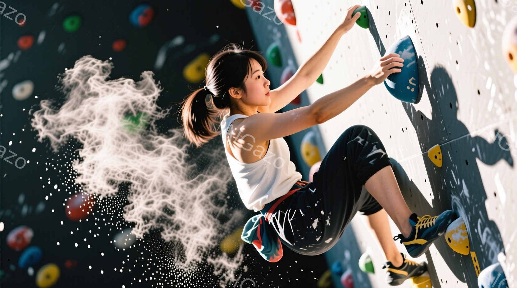 髪をポニーテールにした若い女性が、クライミングウォールを登っている様子が写っています。彼女は白いタンクトップと、水玉模様の黒いクライミングパンツを着用し、集中した表情で、岩のホールドにしっかりと掴まっています。背景はカラフルなクライミングウォールで、彼女の周りには白い光のようなエフェクトがあり、躍動感と集中力を強調しています。
