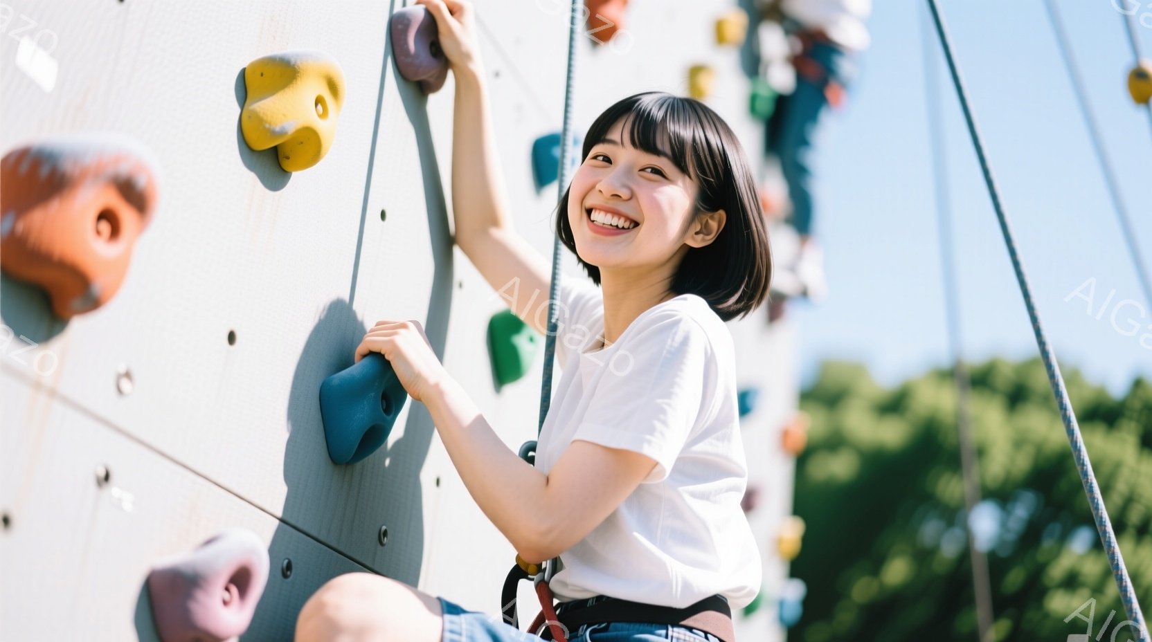 若い女性がクライミングウォールを登っています。彼女は白いTシャツとジーンズ姿で、ショートボブのヘアスタイルで、満面の笑みを浮かべています。背景には青空と緑の木々が見え、晴れた日のアウトドアアクティビテ - AI生成フリー素材