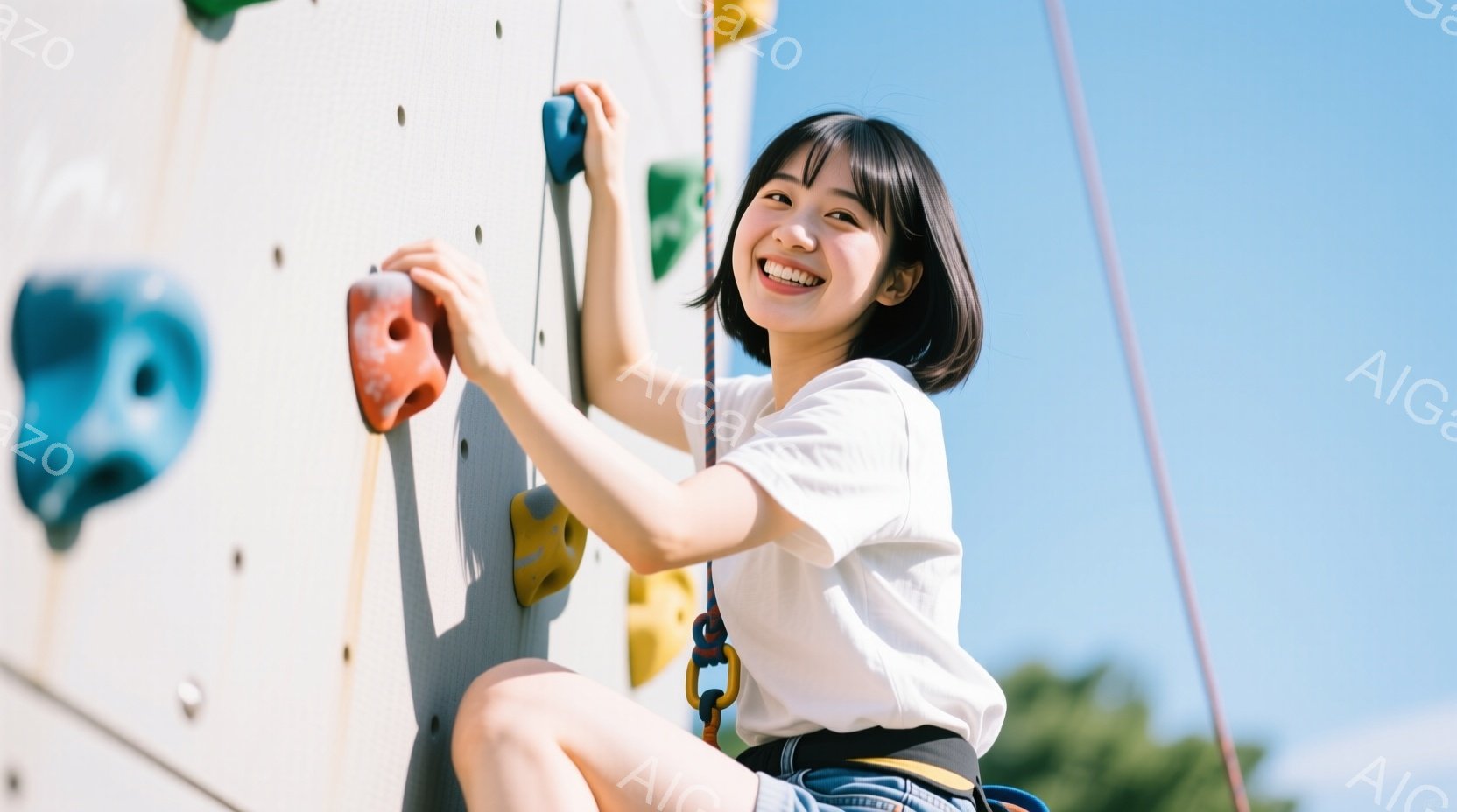 若い女性がクライミングウォールを登っています。白いTシャツと短いデニムのズボンを着用し、笑顔でポーズを取っています。背景には青空と緑の木々が見え、屋外の明るい晴れた日の雰囲気です。