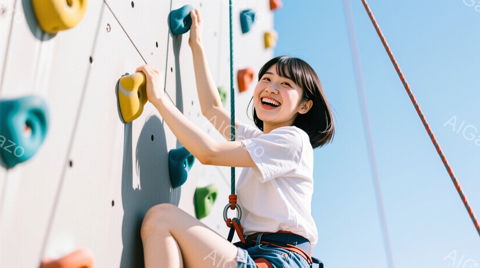 若い女性がクライミングウォールを登っています。白いTシャツとデニムのショートパンツを着用し、笑顔でポーズをとっています。晴れた空を背景に、クライミングハーネスを身につけ、アクティブで明るい雰囲気が漂います。