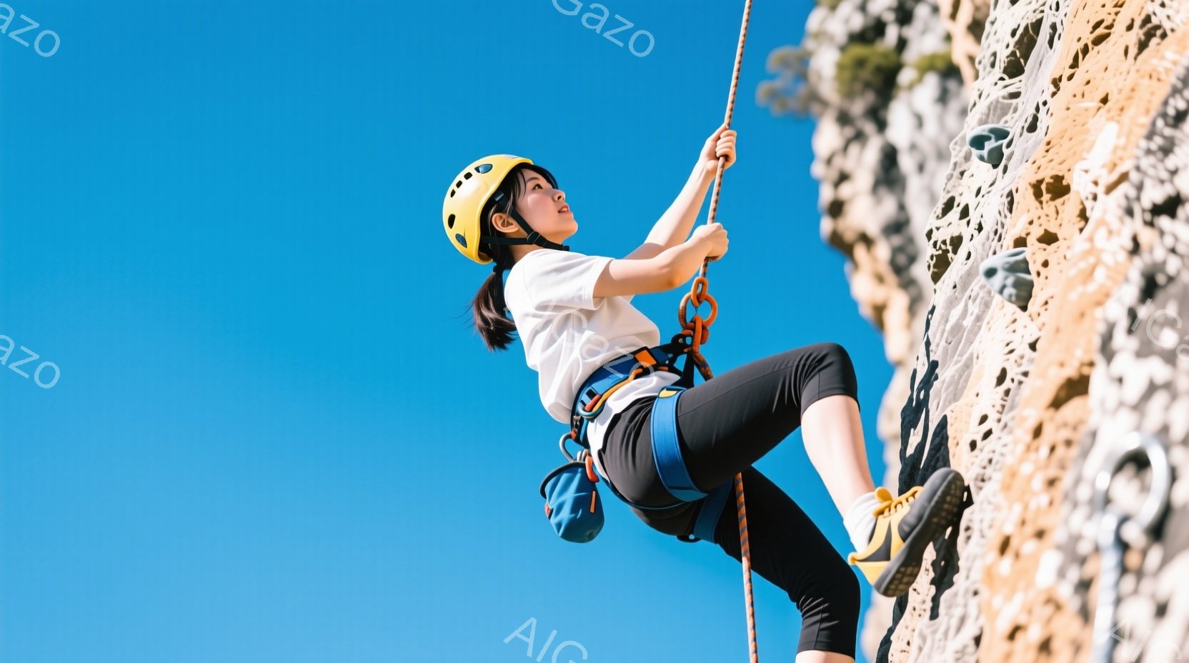 黒い髪をポニーテールにした女性が、険しい岩壁を登っている。彼女は白いTシャツ、黒いズボン、そして黄色と黒のクライミングシューズを履いており、頭には黄色いヘルメットをかぶっている。背景は晴れた青空で、岩肌のテクスチャが際立っている。