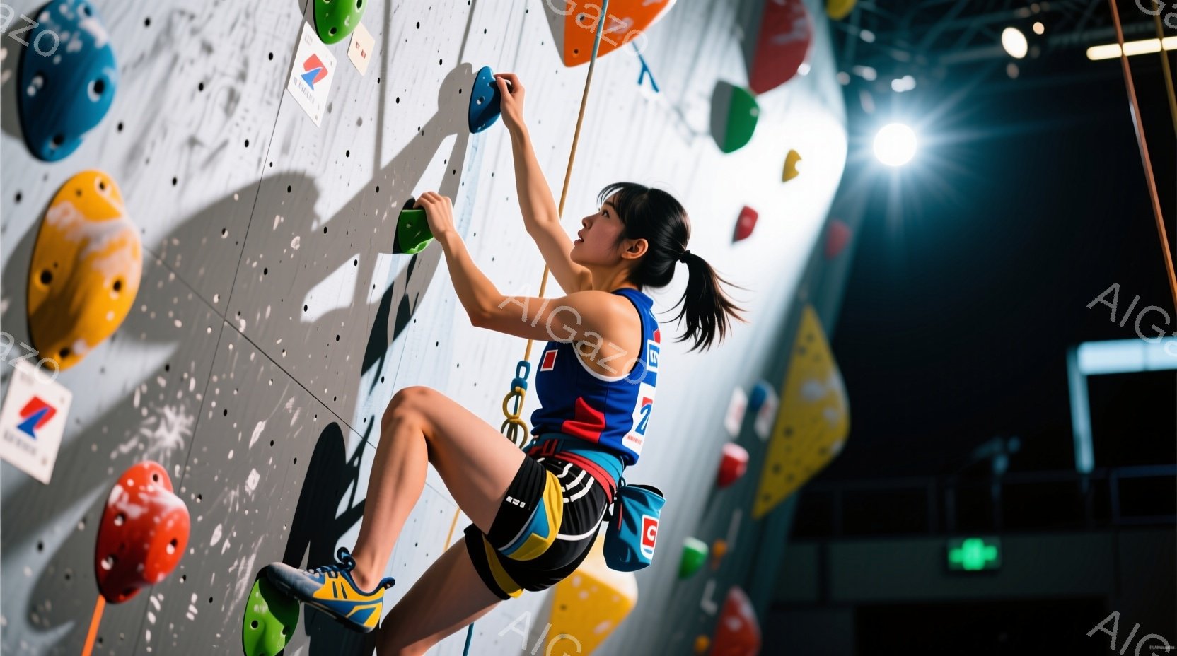 画像はクライミングジムでクライミングをしている女性アスリートを捉えています。彼女は青と赤のクライミングウェアに黒のショートパンツ、そして鮮やかな黄色のクライミングシューズを着用し、高いポニーテールに髪 - AI生成フリー素材