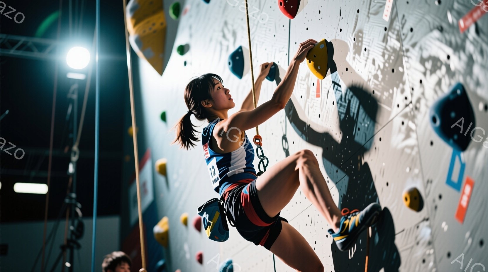クライミングウォールを登る女性アスリートが写っています。彼女は青と白のクライミングウェアに身を包み、髪はポニーテールに結ばれています。集中した表情で、力強く壁にしがみつき、次のホールドを目指している様子が伝わってきます。