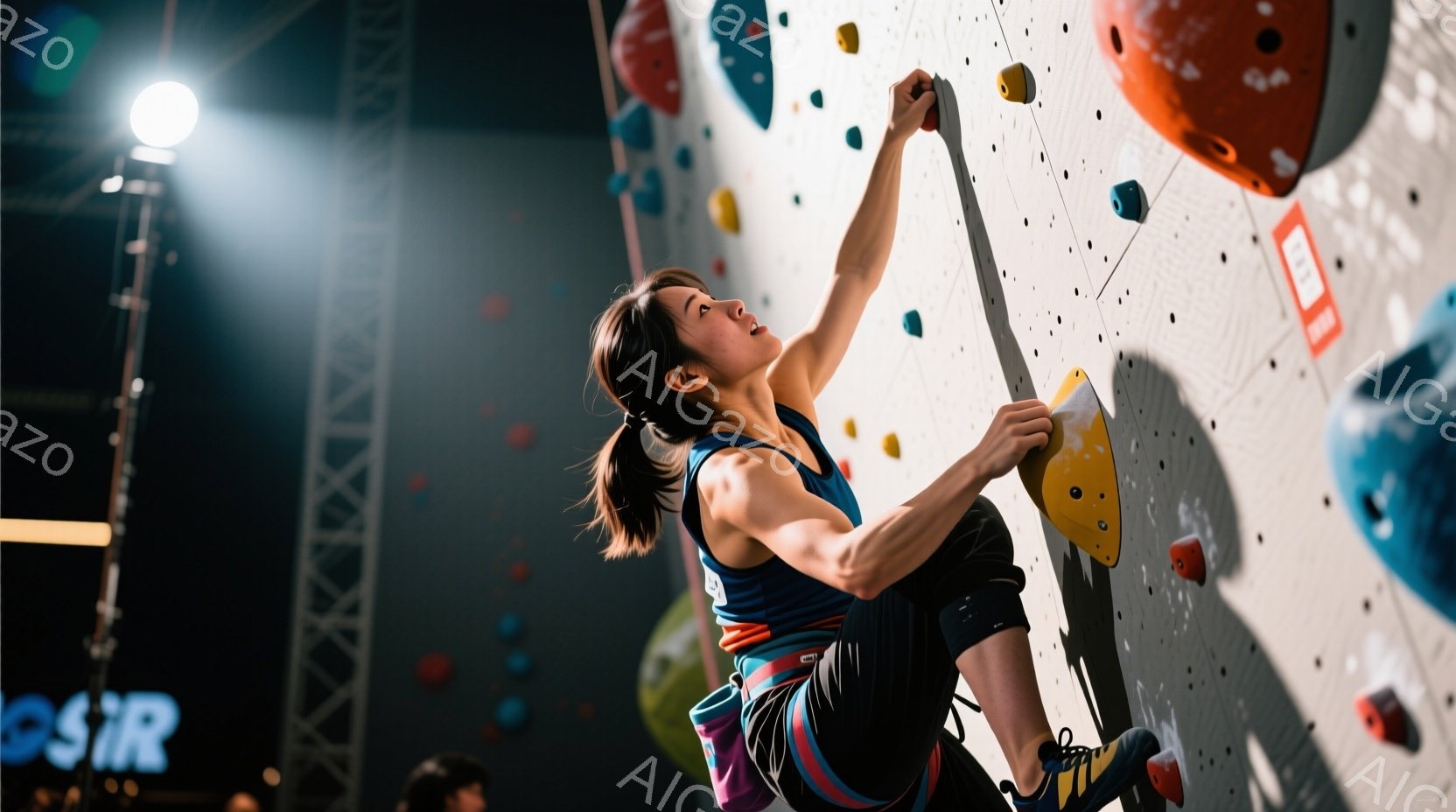 この女性はクライミングジムでクライミングを楽しんでいます。彼女は濃い青色のタンクトップと、黒と紫色のクライミングパンツを着用し、髪は後ろでポニーテールに結ばれています。彼女は壁をよじ登り、集中した表情で次のホールドを目指しています。