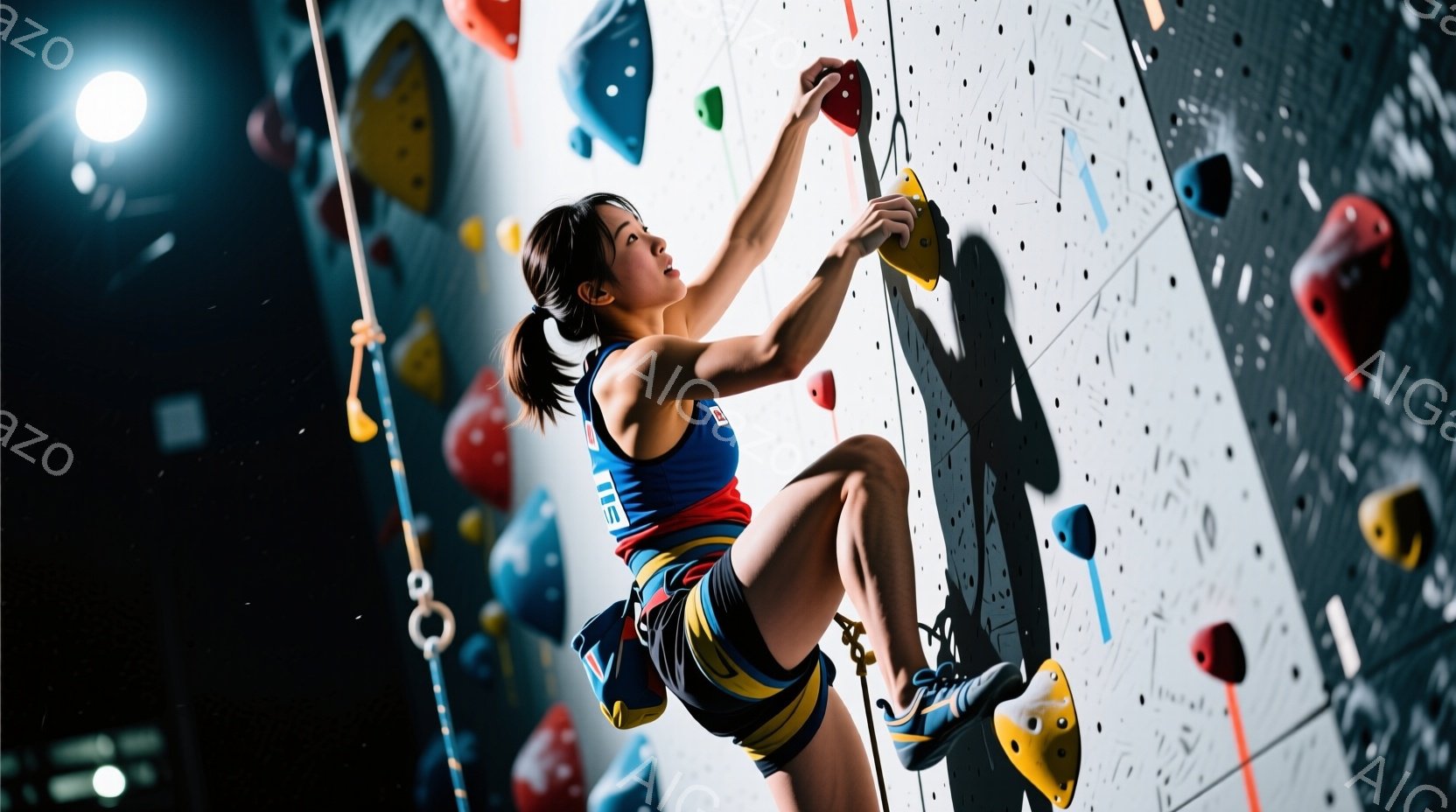 クライミングジムでクライミングをしている女性が写っています。彼女は赤いタンクトップ、黒いショートパンツ、そしてカラフルなハーネスを身につけ、ポニーテールにしています。彼女は壁のホールドにしっかりと掴ま - AI生成フリー素材