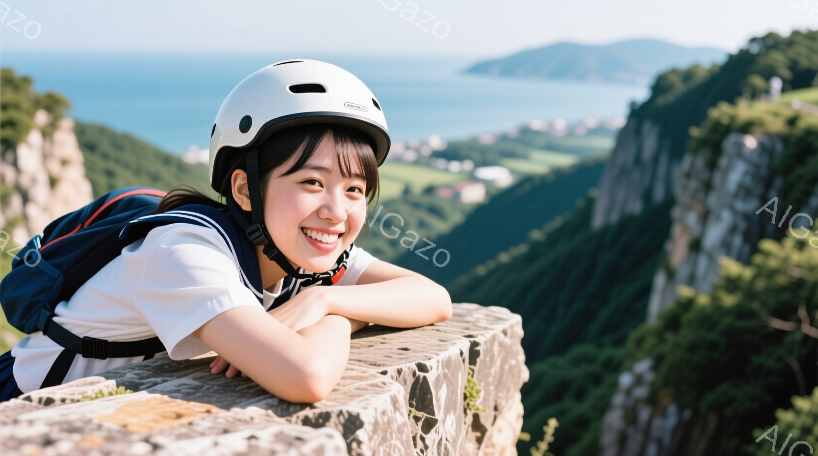 白いヘルメットを被り、白いTシャツと紺色のベストを着た若い女性が、石積みの壁にもたれて笑顔でこちらを見ている。彼女はバックパックを背負っており、背景には緑豊かな山々と海が広がり、晴天の空の下、爽やかなアウトドアの雰囲気が漂っている。彼女の表情は明るく、自然を満喫している様子が伺える。