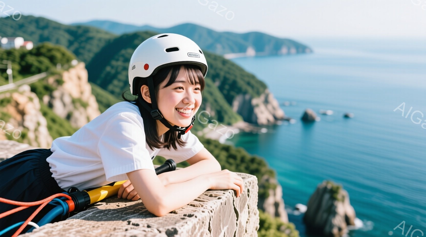 ヘルメットを被った若い女性が、崖の上に横たわって微笑んでいます。彼女は白いシャツを着ており、髪は肩にかかる長さで、前髪が目にかかっています。背景には、青い海と緑豊かな崖、そして遠くに見える建物があり、 - AI生成フリー素材